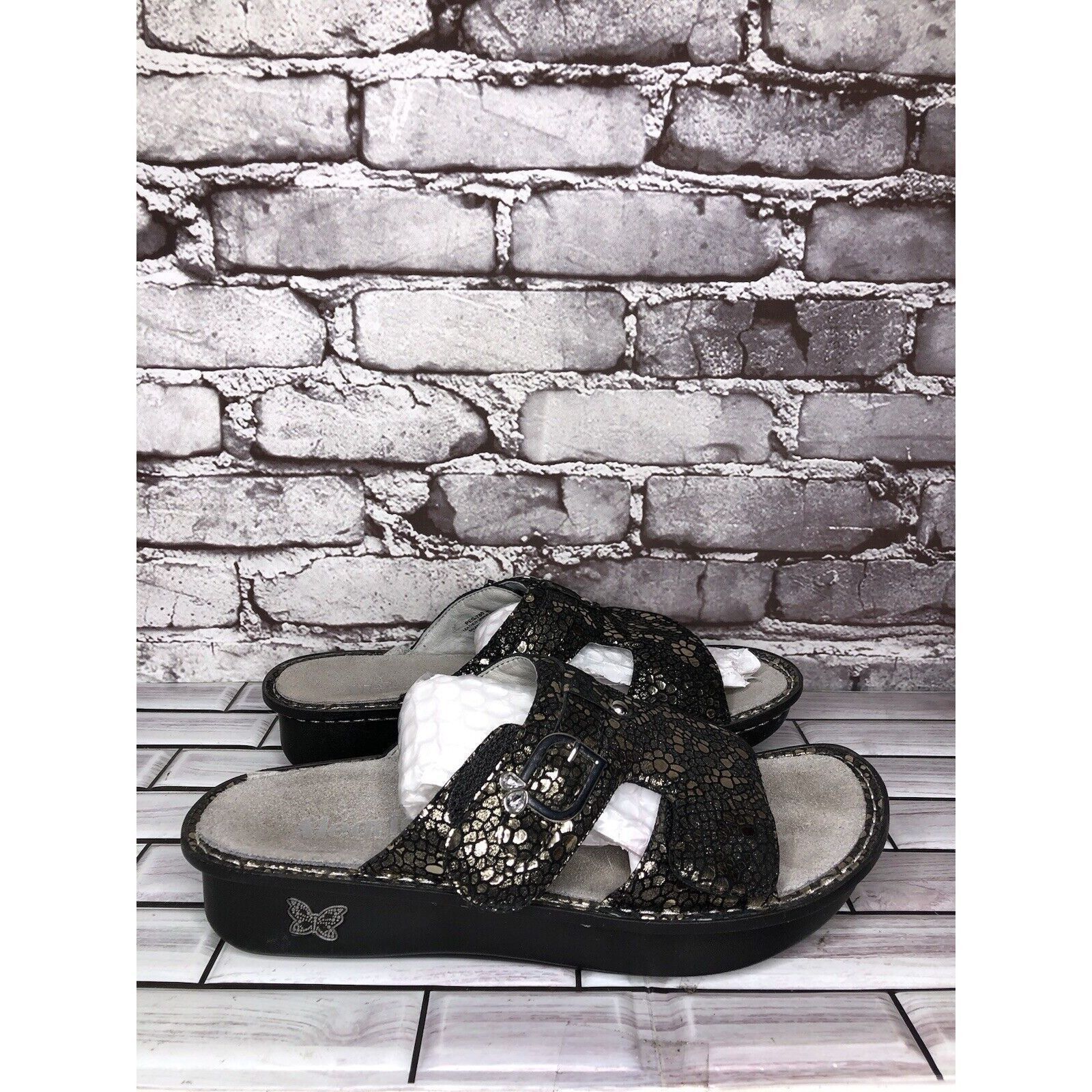 Other Alegria PEG 780 Black Silver Mosaic Leather Platform Slides Size US 10.5 / IT 40.5 - 3 Thumbnail
