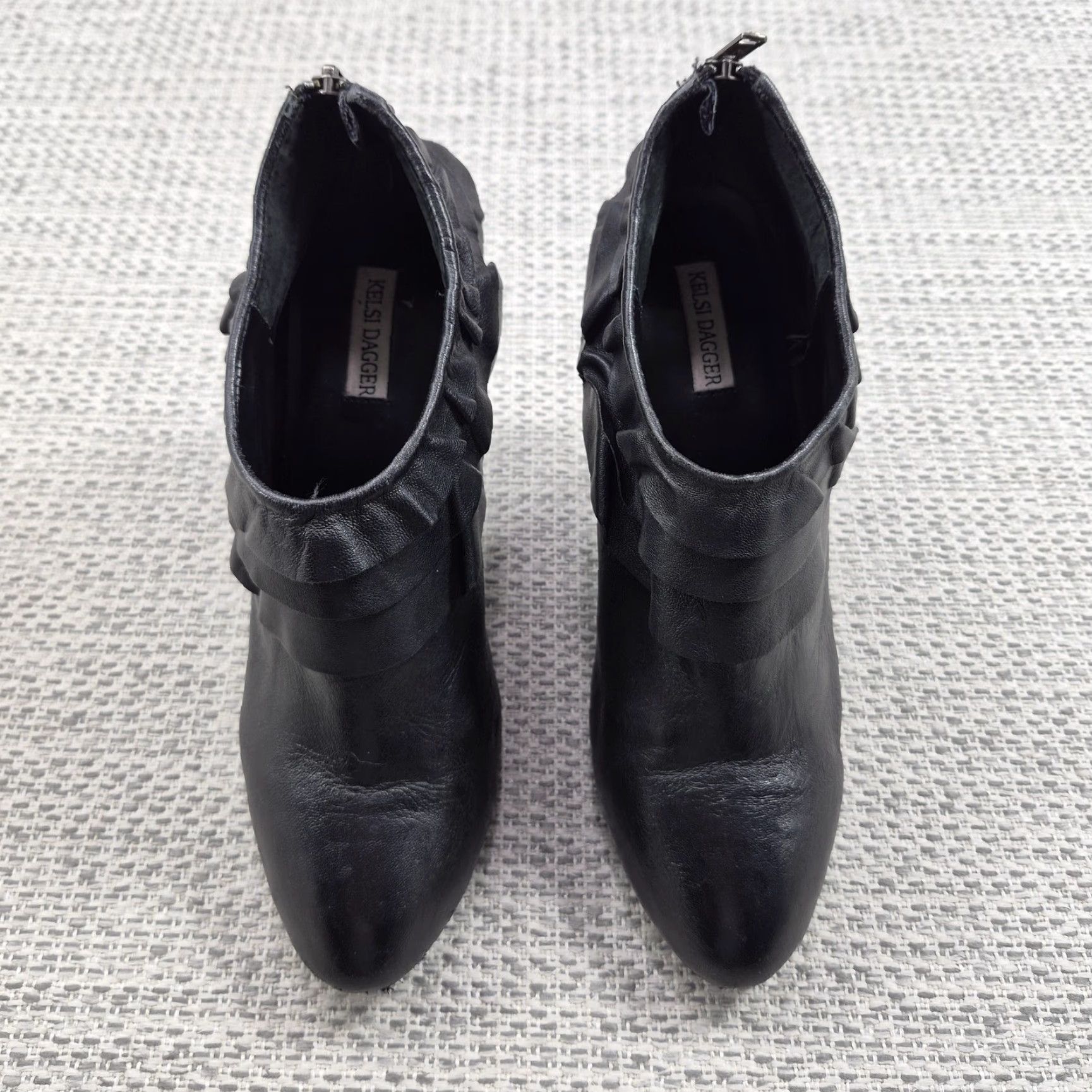 Vintage Kelsi Dagger Dorothy Boots Womens Size 10 Black Leather Ankle Booties Ruffle Zipper Stiletto Heel Size US 10 / IT 40 - 3 Thumbnail