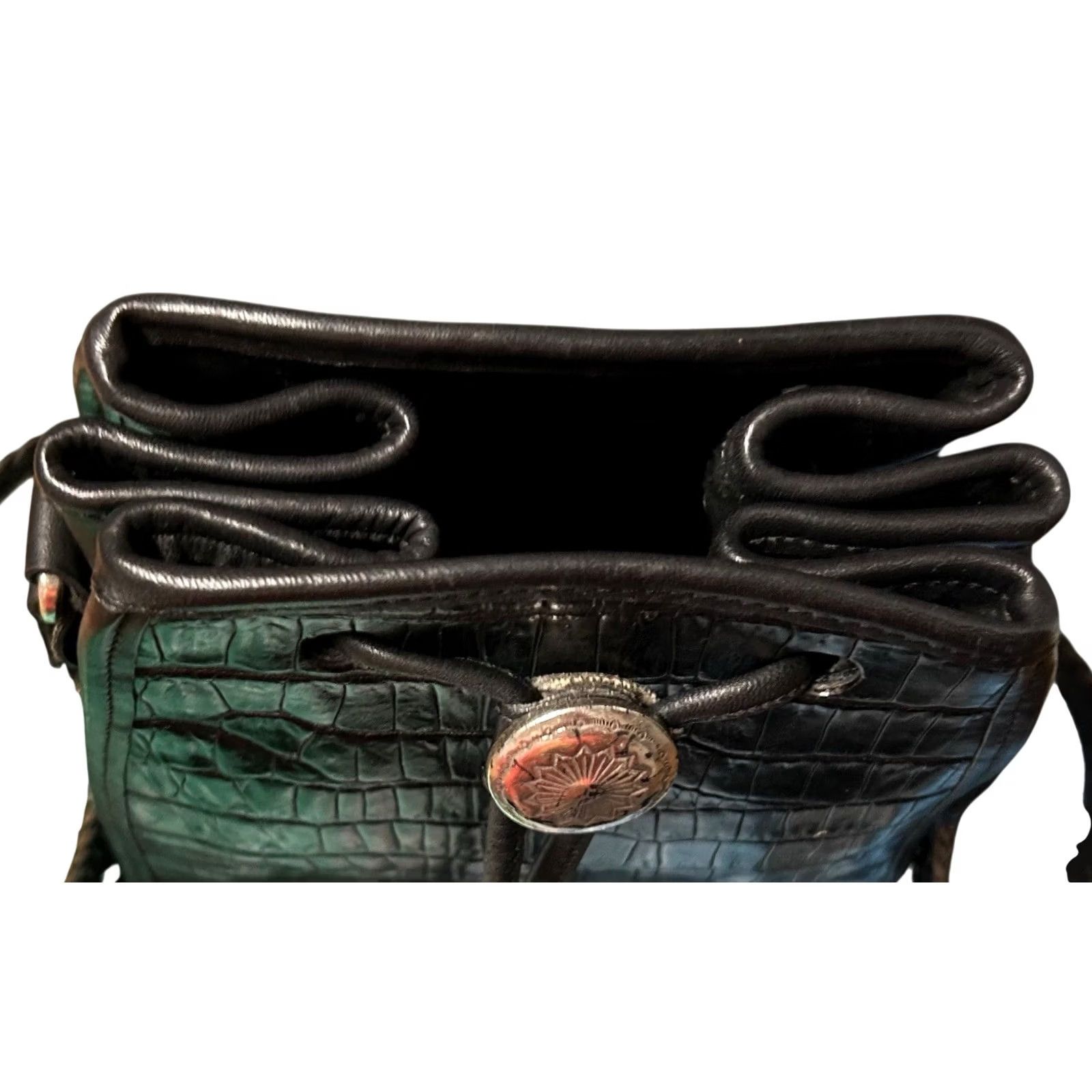 Brighton VINTAGE Brighton Black Leather Croc Embossed Drawstring Bucket Shoulder Bag Purse VTG Womens Small Crossbody Nature: Designer 90s Size ONE SIZE - 7 Thumbnail
