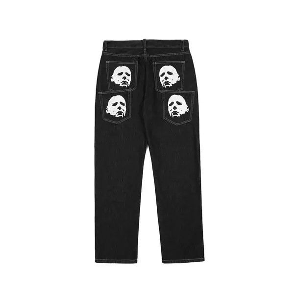 image of Streetwear Head Design Baggy Jeans in Black, Men's (Size 32)