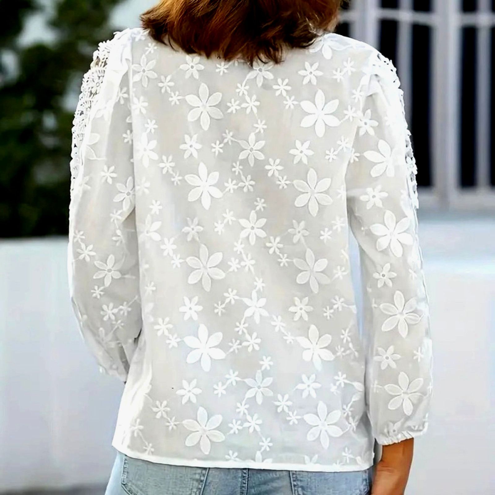 Other Contrast Lace Jacquard V Neck Blouse White Floral XXL (14) Size XL / US 12-14 / IT 48-50 - 3 Thumbnail