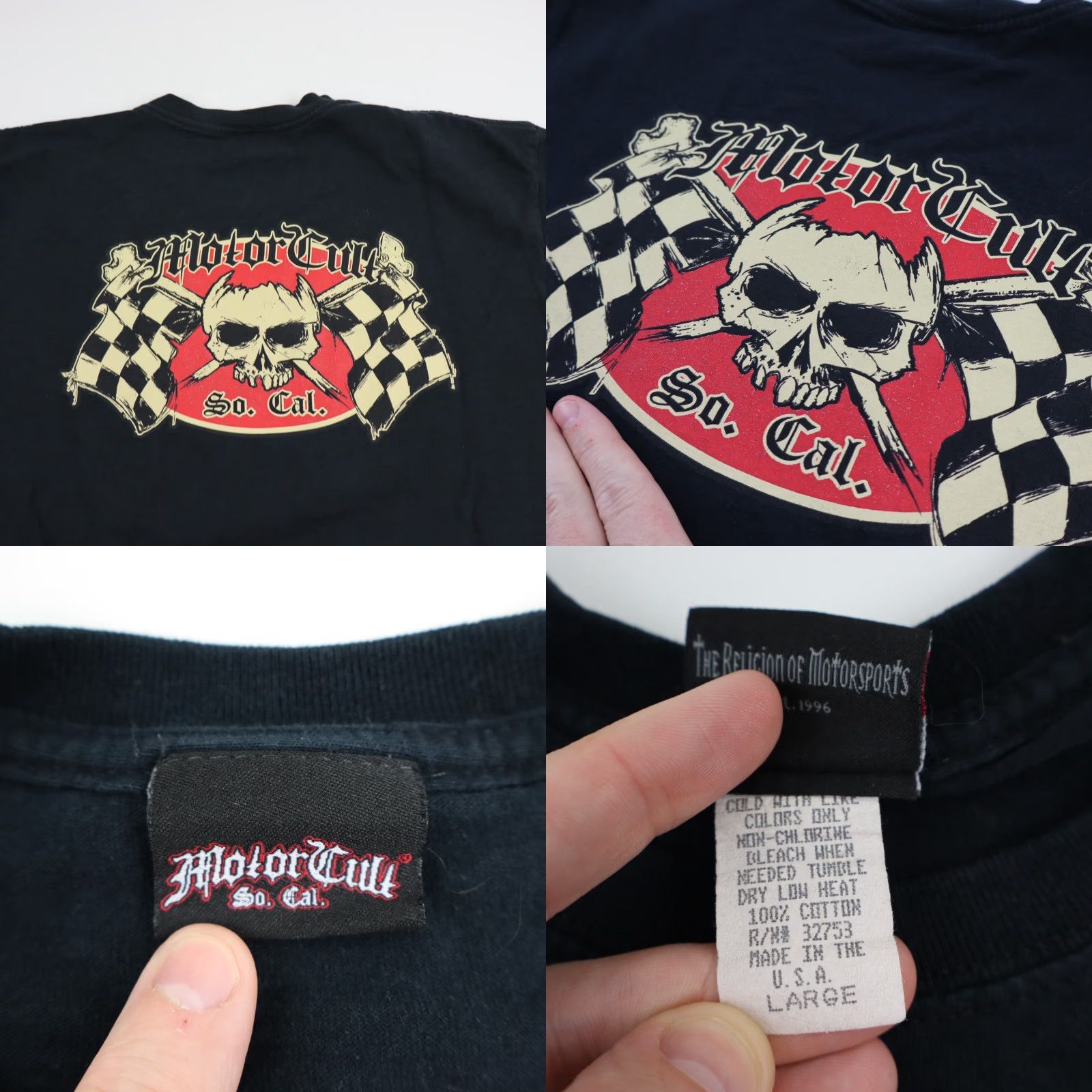 Vintage VINTAGE Motor Cult So Cal T Shirt Mens L Black Skull Crossbones Racing Flags USA Size US L / EU 52-54 / 3 - 8 Thumbnail