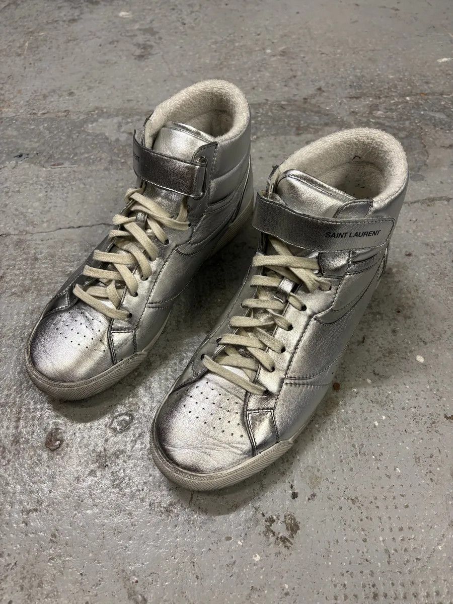 Designer × Saint Laurent Paris × Vintage 2010s Saint Laurent Lenny Silver Grey High Sneakers Size US 7.5 / EU 40-41 - 8 Thumbnail