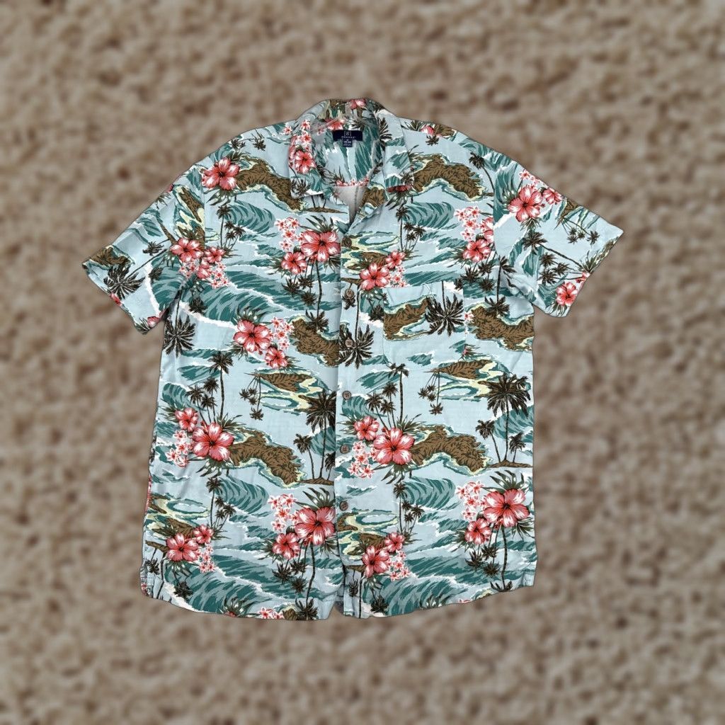 George George Men's Shirt Medium Blue Pink Floral Hibiscus Button-Up 100% Rayon Hawaiian Size US M / EU 48-50 / 2 - 1 Thumbnail