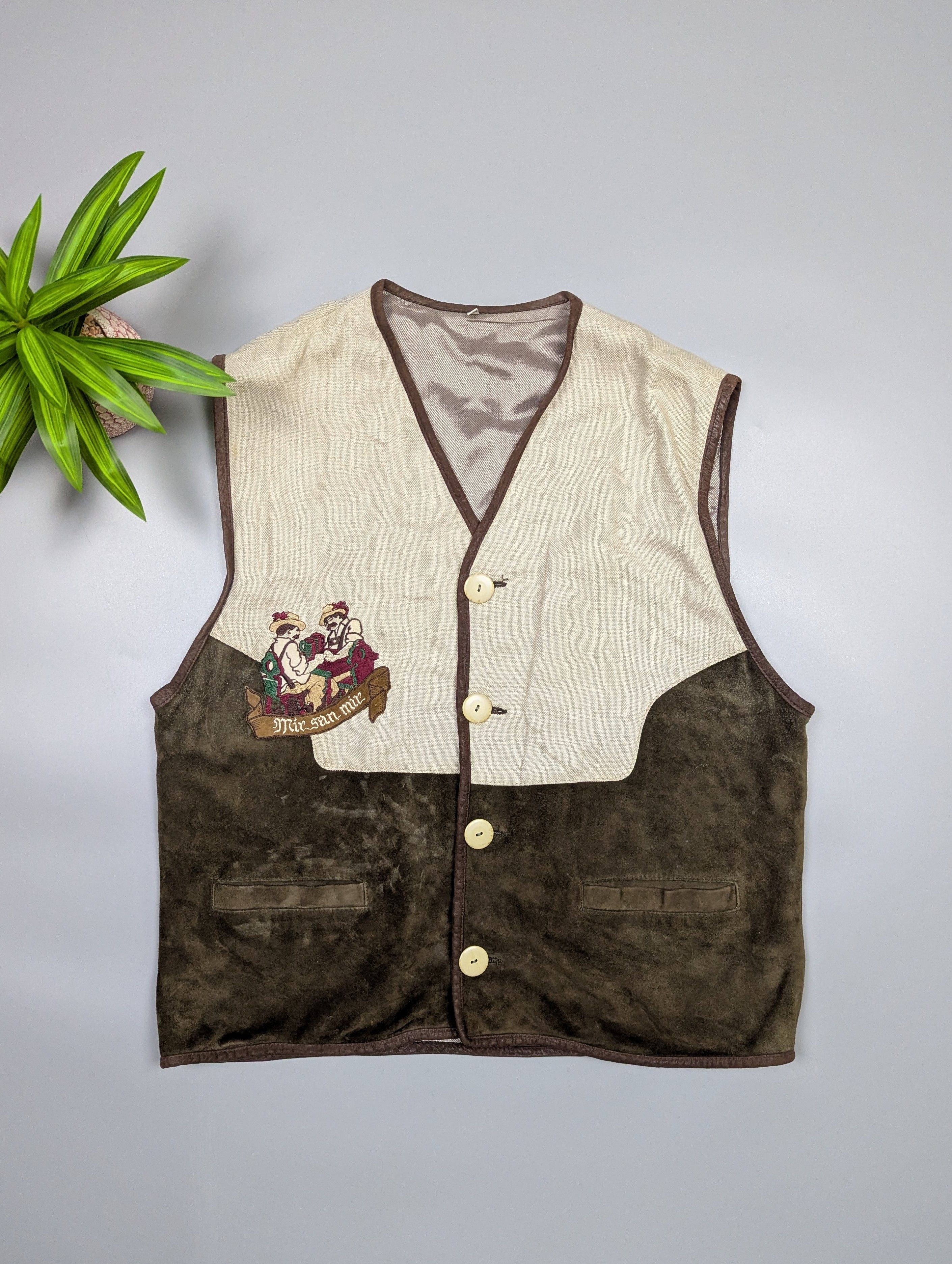 Vintage Mir San Mir Vintage Leather & Linen Folk Vest / Gilet Size US L / EU 52-54 / 3 - 9 Thumbnail