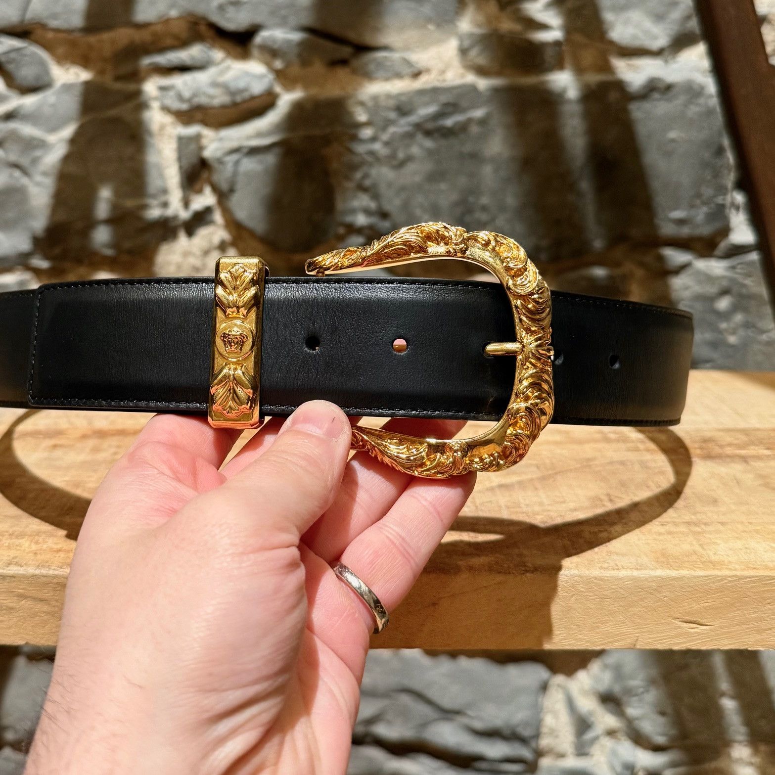 Versace Versace Barocco Medusa Gold Buckle Black Leather Wide Belt Size ONE SIZE - 3 Thumbnail