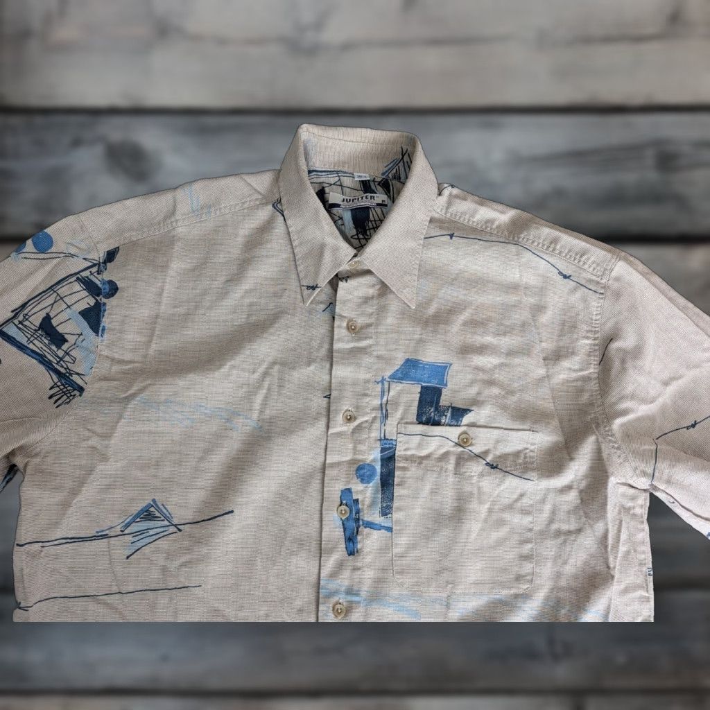 Vintage VINTAGE Jupiter Camp Shirt Mens Linen Blend Short Sleeve Button-Up Beige 90s Abstract L Mens Size US L / EU 52-54 / 3 - 1 Thumbnail