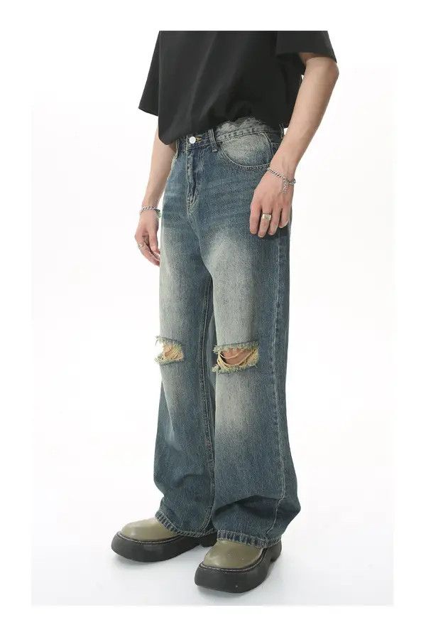 Japanese Brand Komuro x Kubo Distressed loose straight-leg ripped jeans Size US 32 / EU 48 - 2 Thumbnail