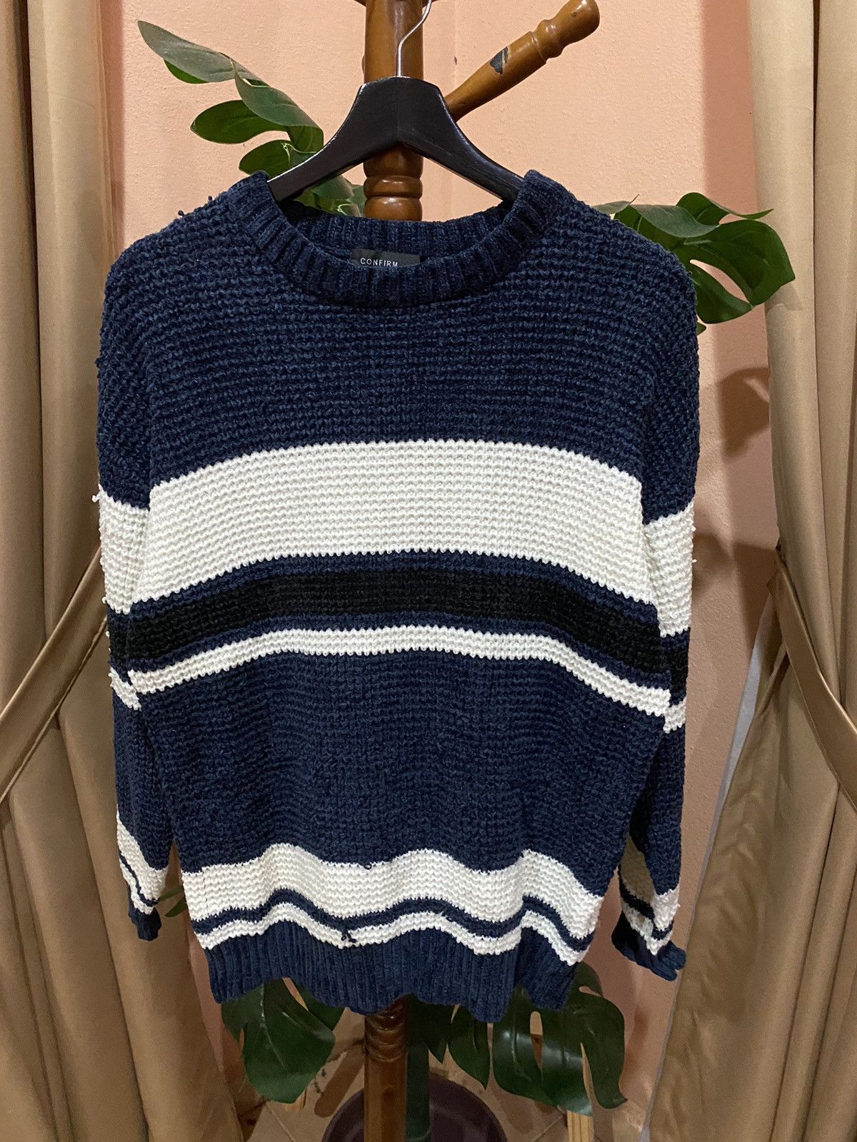 Japanese Brand Confirm Striped Knit Sweater | Cozy Navy and White Pullover Size L / US 10 / IT 46 - 1 Thumbnail
