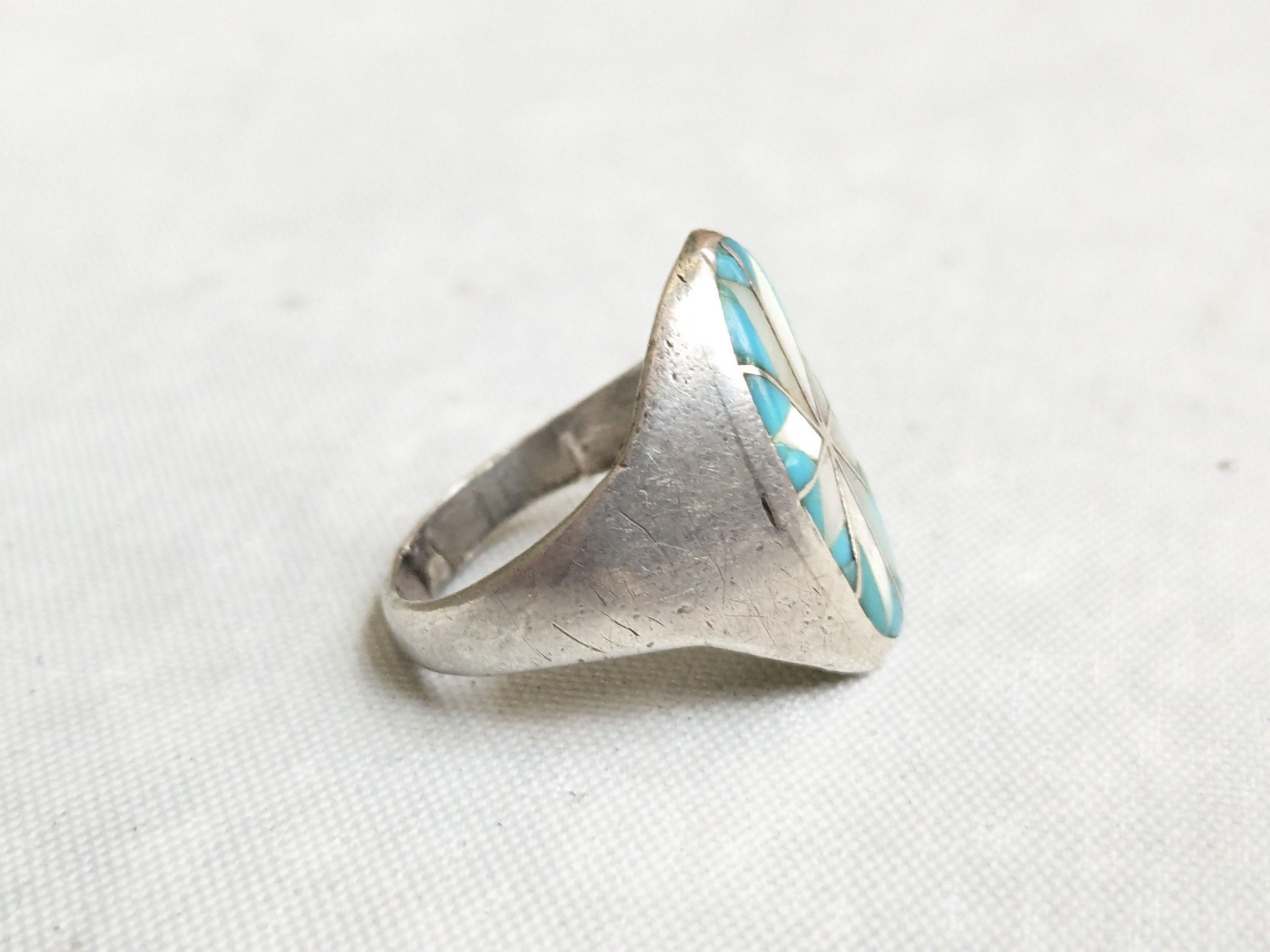 Jewelry Vintage Sterling Silver Ring Turquoise MOP Oval Zuni Size ONE SIZE - 2 Thumbnail