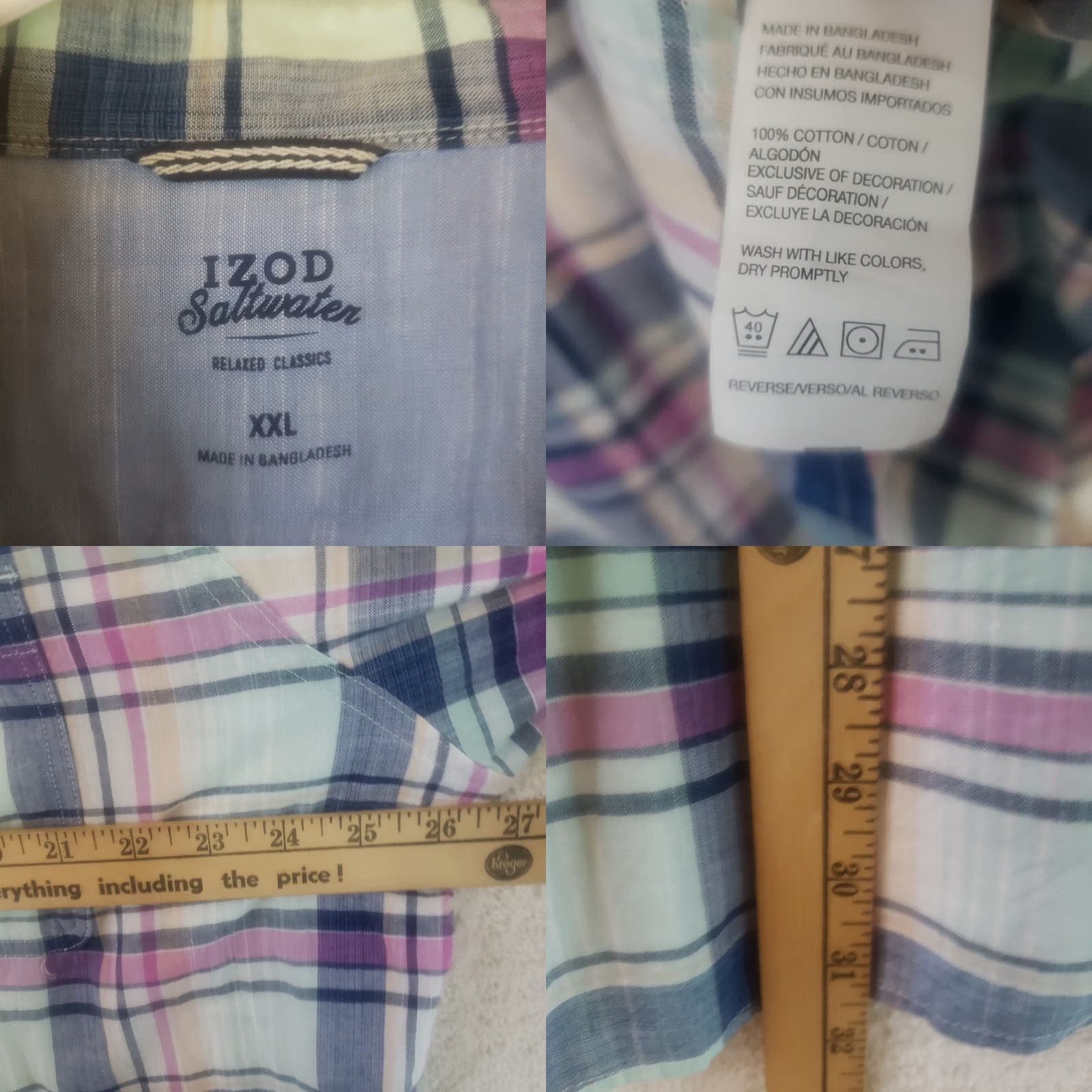 Izod IZOD Saltwater Mens 2XL Shirt Blue Pink Plaid Button-Down Short Sleeve Cotton Size US XXL / EU 58 / 5 - 9 Thumbnail