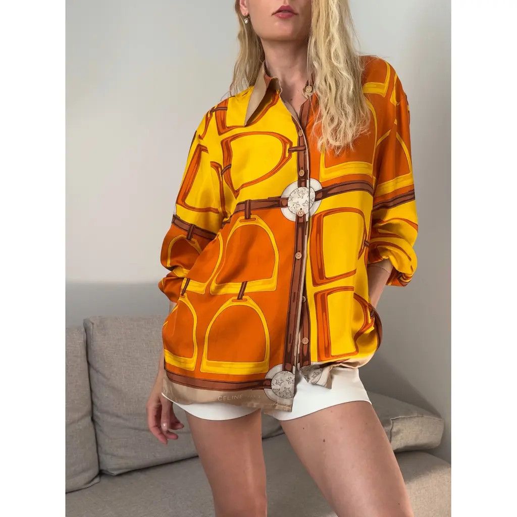 Celine Celine Orange Silk Long Sleeve Button Up Blouse Tops Size L / US 10 / IT 46 - 1 Thumbnail