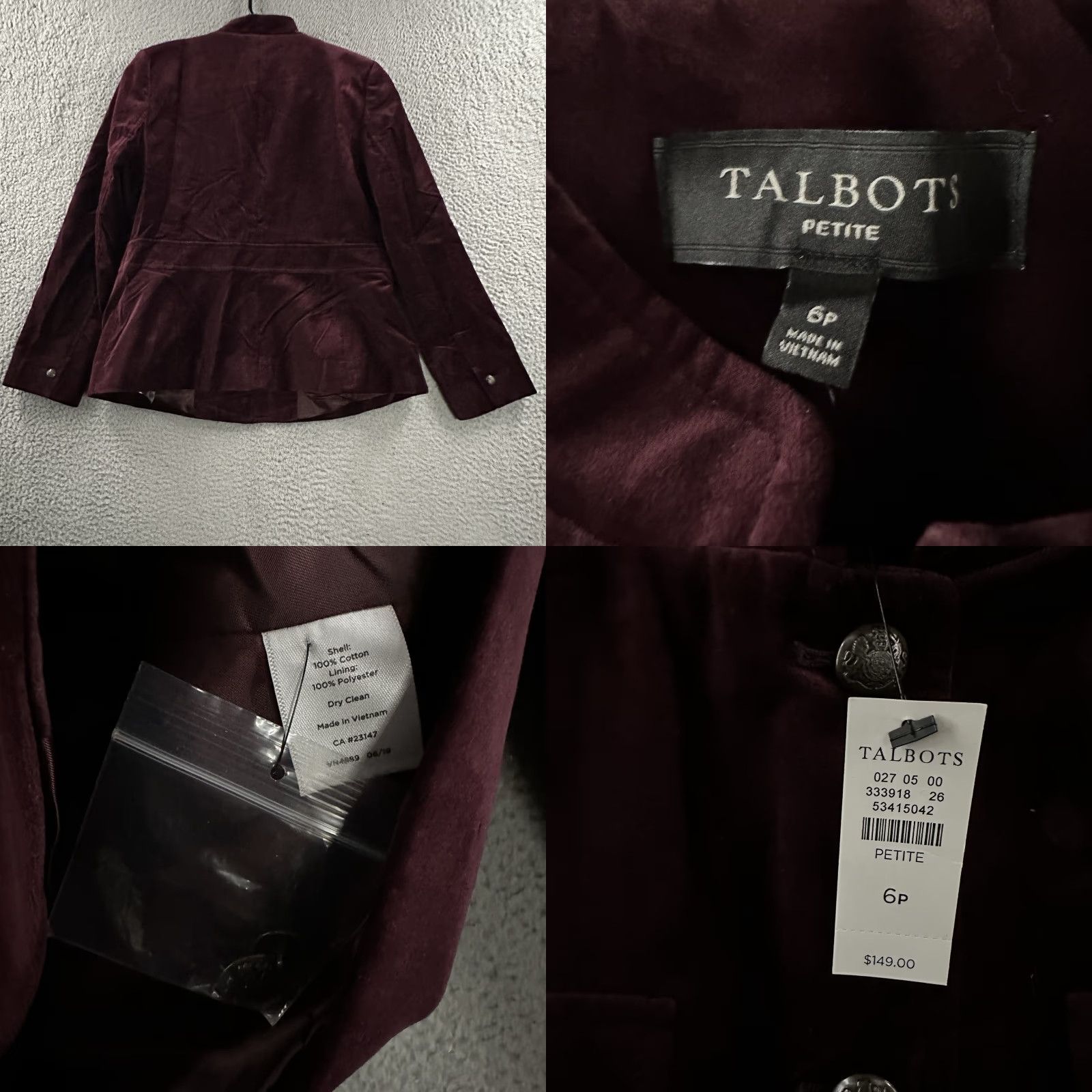 Talbots Talbots Blazer Burgundy 6P Petite Velvet Lined Cotton Military Style Women’s Jacket Lined Button A-Line Basic Jacket Size M / US 6-8 / IT 42-44 - 8 Thumbnail