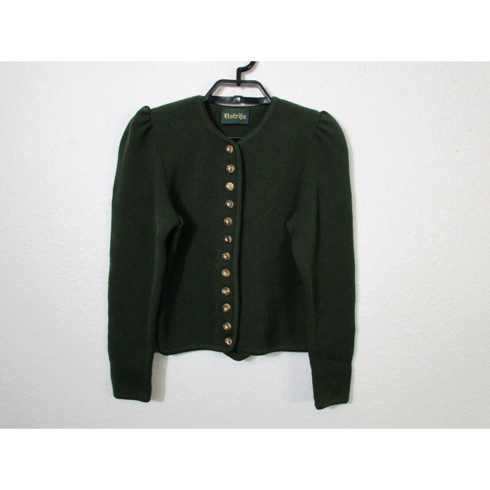 image of Vintage Astrifa Cardigan Sweater Size Xs Puff Sleeve German Pure New Wool Solid Green in White, Wom