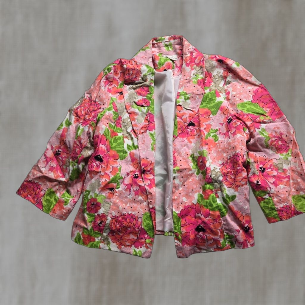 Vintage Kim Rogers Jacket Skirt Floral Flower Open Front Lined Adult Women's Petite PXL Size 40" / US 18 - 1 Thumbnail