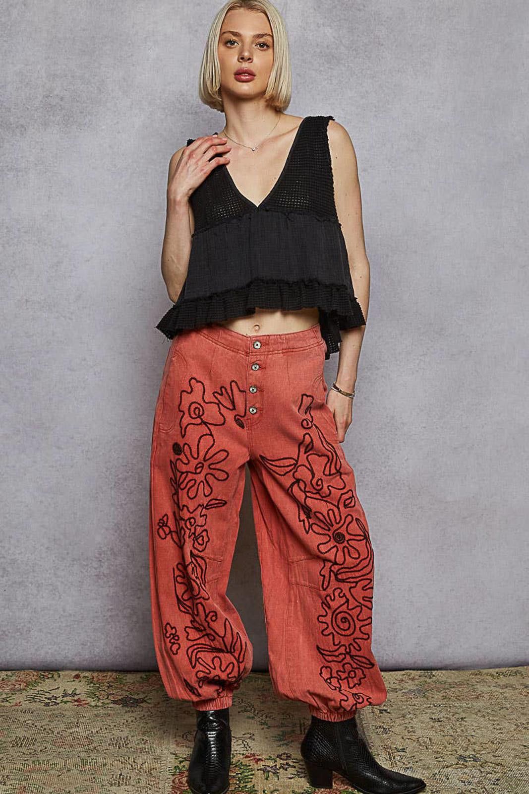 Other Floral Embroidered Pattern Solid Twill Jogger Pants by POL Size 32" / US 10 / IT 46 - 12 Thumbnail
