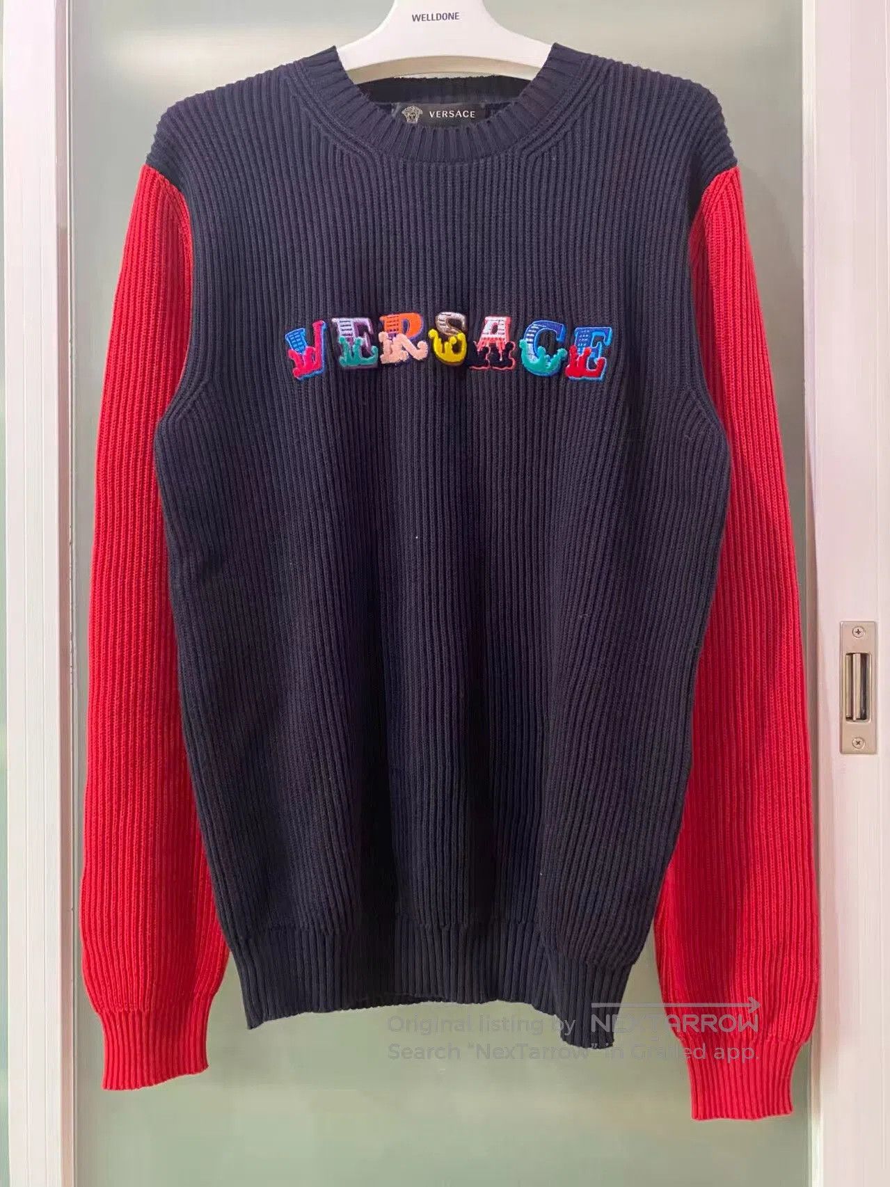 Versace versace knitted sweater in navy and red. Size US L / EU 52-54 / 3 - 1 Thumbnail