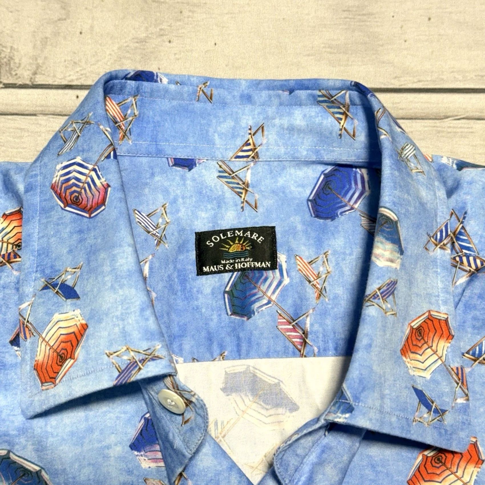 Vintage Solemare Shirt Mens M Blue Beach Umbrella All Over Print Italy Front Pockets Button-Up Collared Short Sleeve Graphic Print N/A Size US M / EU 48-50 / 2 - 3 Thumbnail