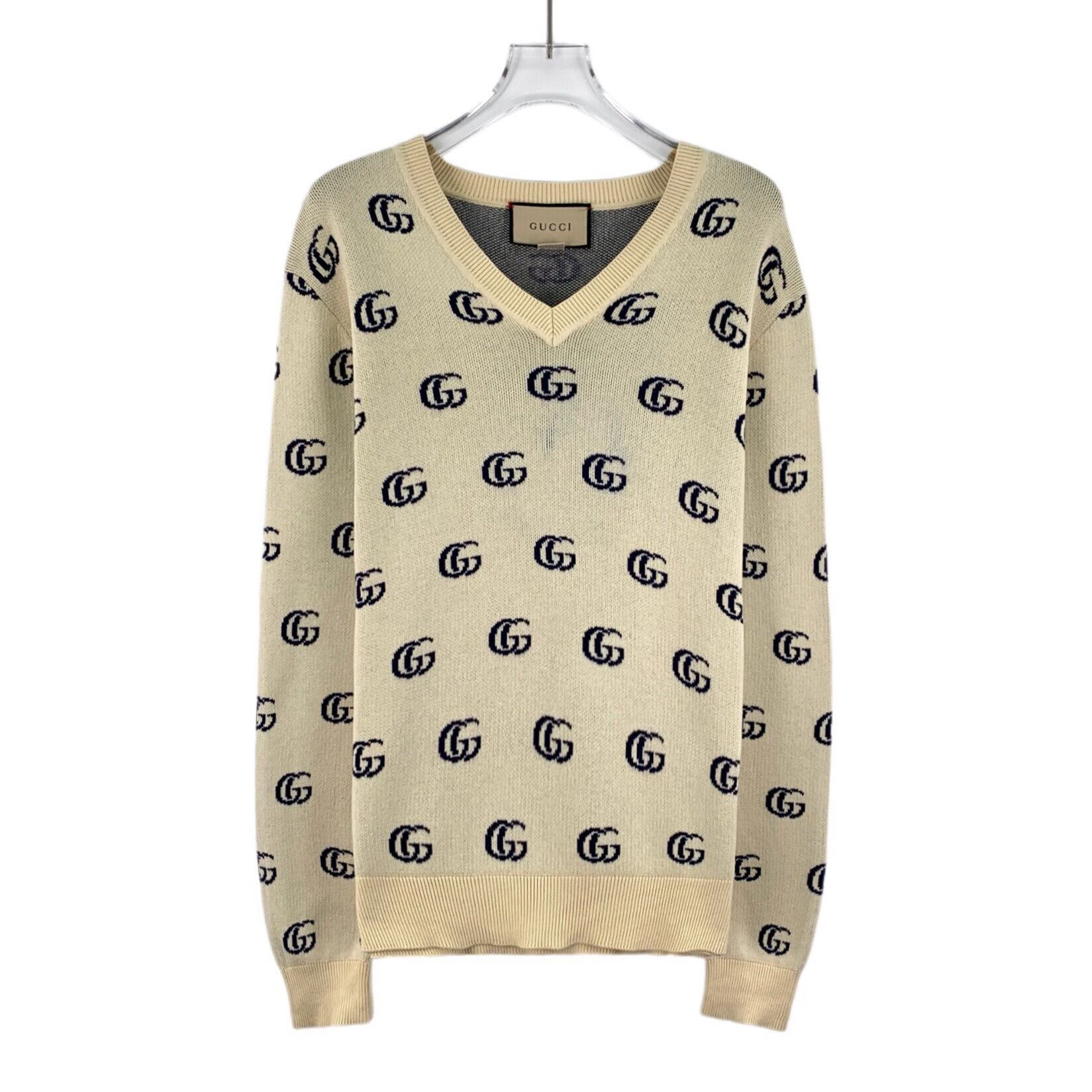Gucci Gucci Beige GG Monogram Cotton V-Neck Sweater Size XS / US 0-2 / IT 36-38 - 1 Thumbnail