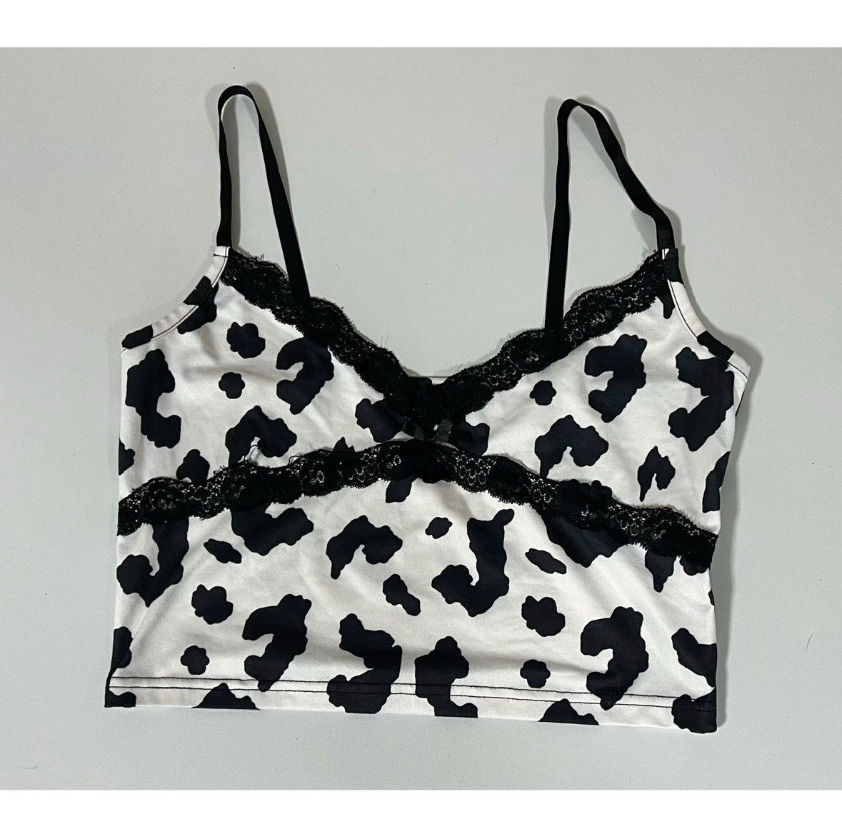 Vintage Black White Cow Print Lace Crop Top T-Shirt Cami Size M 🐄 Size M / US 6-8 / IT 42-44 - 1 Thumbnail