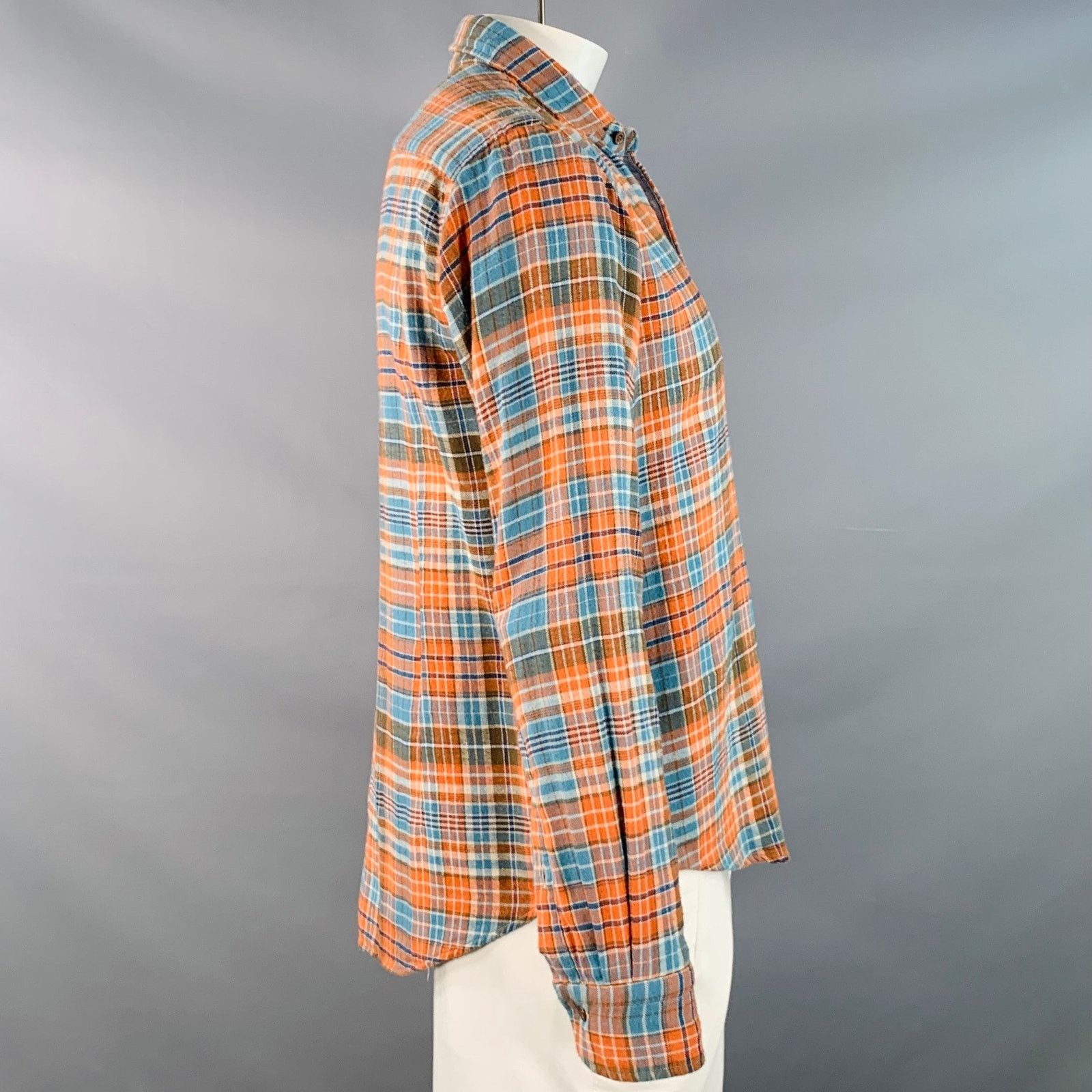 45rpm Blue Orange Plaid Cotton Curved Cutaway Flannel Shirt Size US XL / EU 56 / 4 - 2 Thumbnail