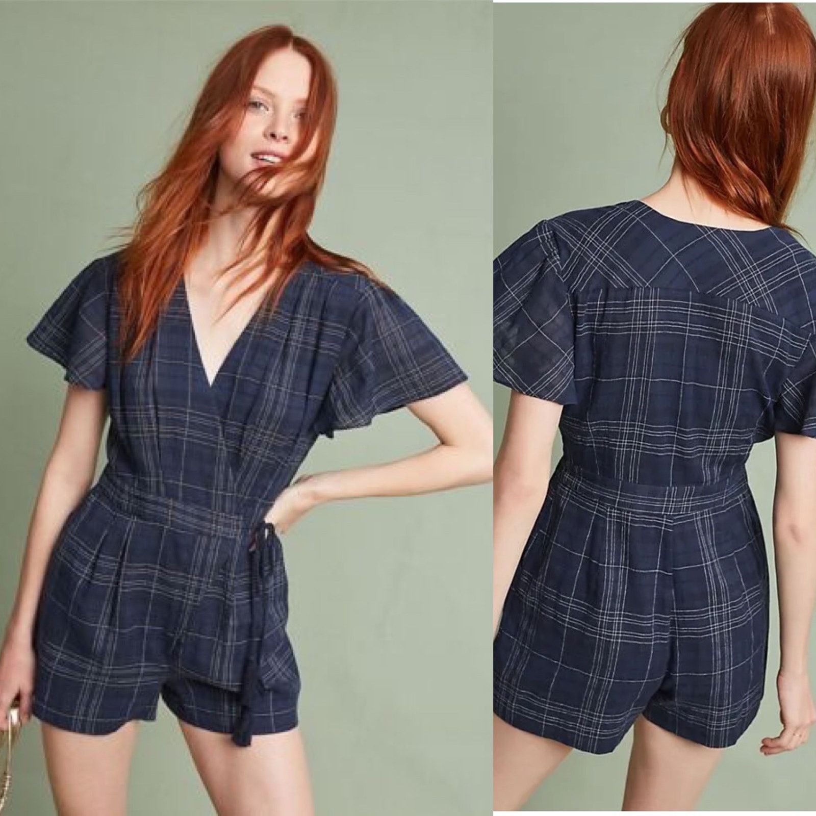 Anthropologie Anthropologie Greylin Kate Wrap Frt Navy Plaid Romper XS NWT Size 27" / US 4 / IT 40 - 1 Thumbnail
