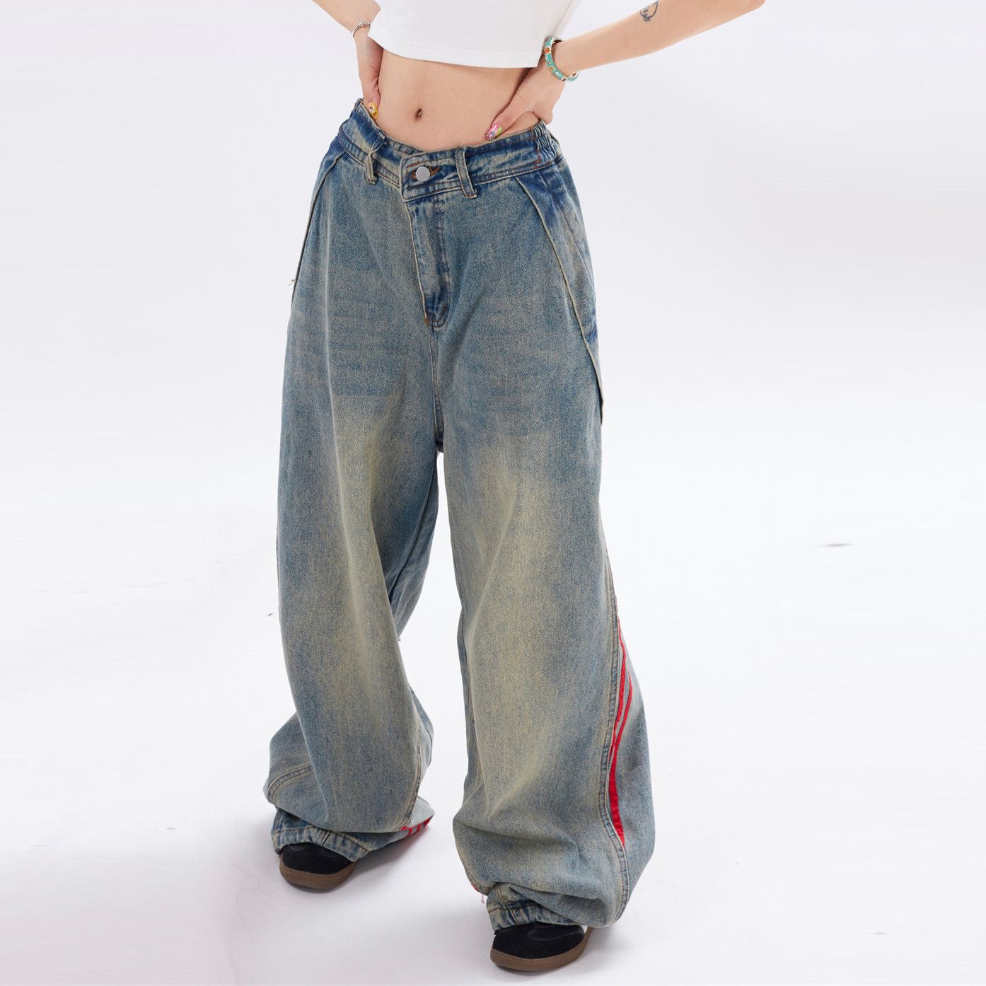 Japanese Brand × Jean Punk distressed washed webbing striped loose wide-leg jeans Size US 34 / EU 50 - 1 Thumbnail