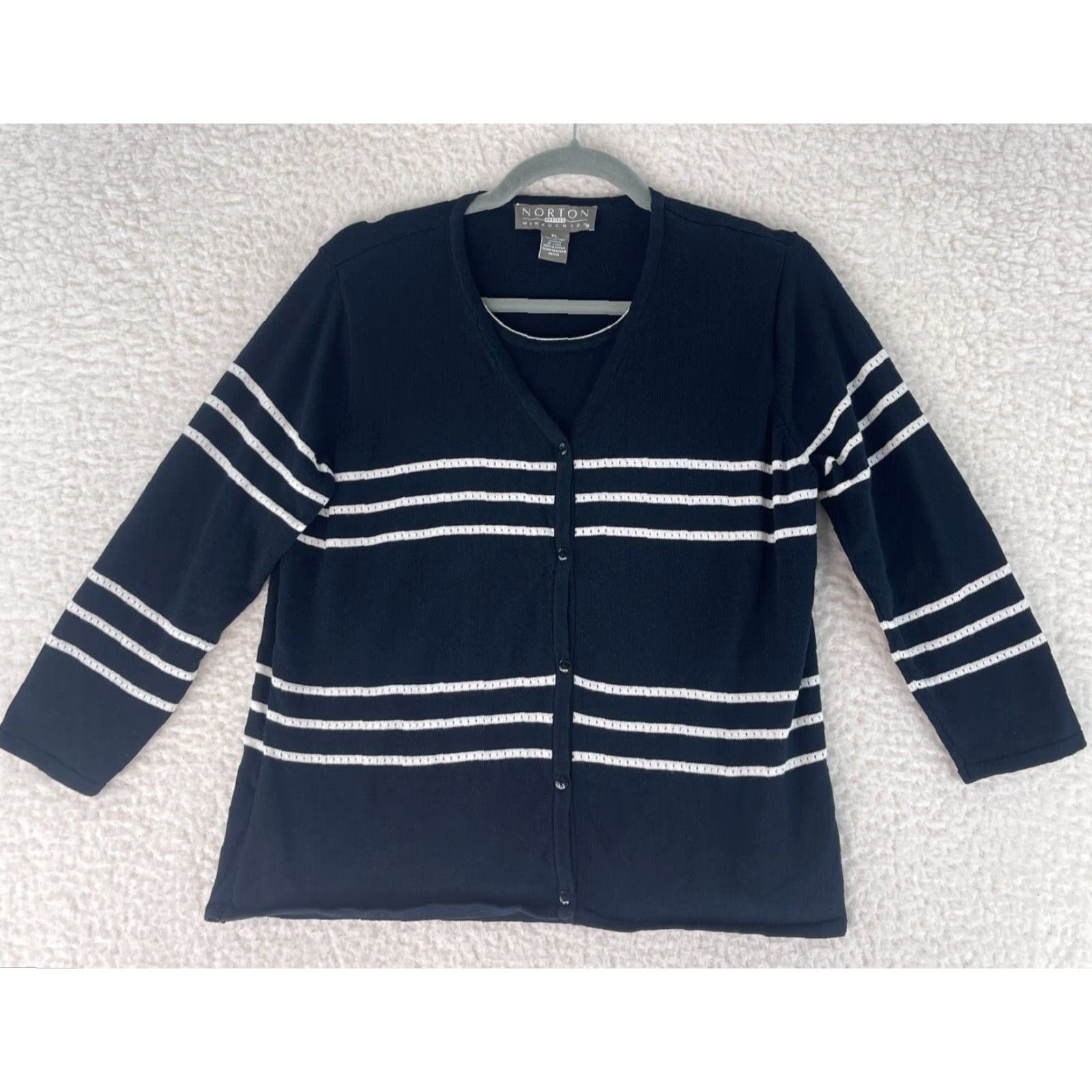 Vintage Norton McNaughton Petites Black Striped Sweater Womens 3/4 Sleeve Size PL Pullover Knit Cardigan? Size L / US 10 / IT 46 - 2 Thumbnail