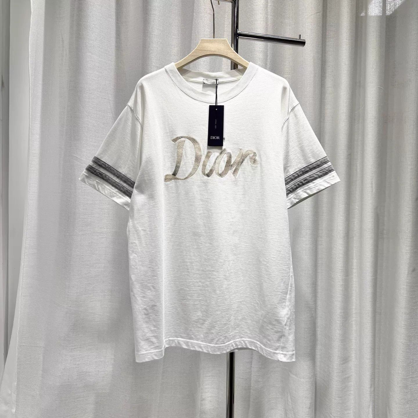 Dior DIOR White Ribbon Embroidered Logo Striped T XL 99N Size US XL / EU 56 / 4 - 1 Thumbnail