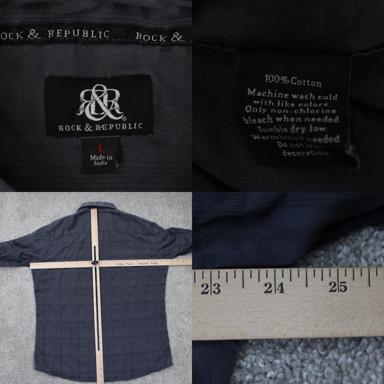 Vintage Rock & Republic Rock & Roll Tab Shirt Mens Large Gray Button Up Long Sleeve Cotton L/S Size US L / EU 52-54 / 3 - 8 Thumbnail