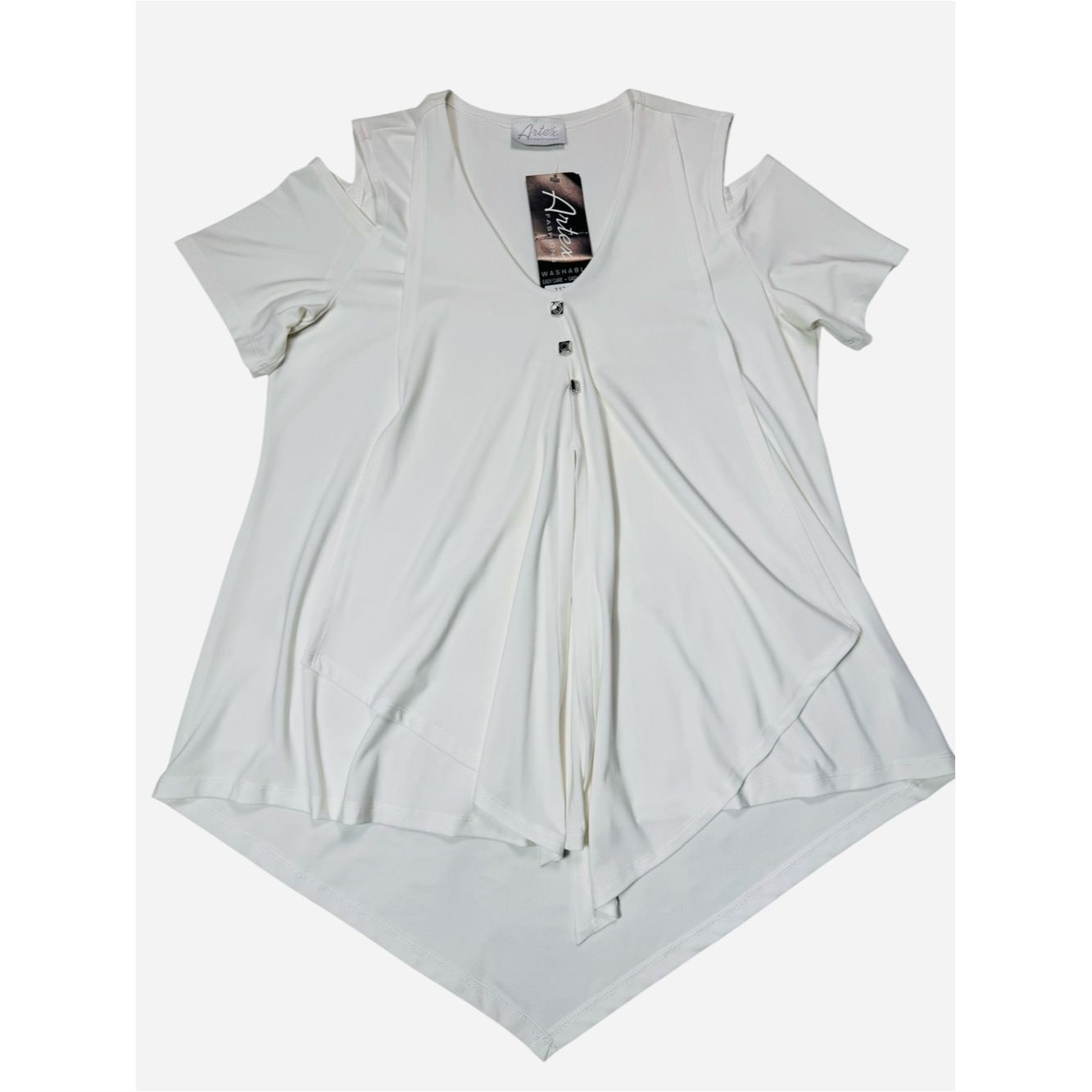Other NWT New Artex Cold Shoulder V-Neck Handkerchief Hem White B Size L / US 10 / IT 46 - 2 Thumbnail