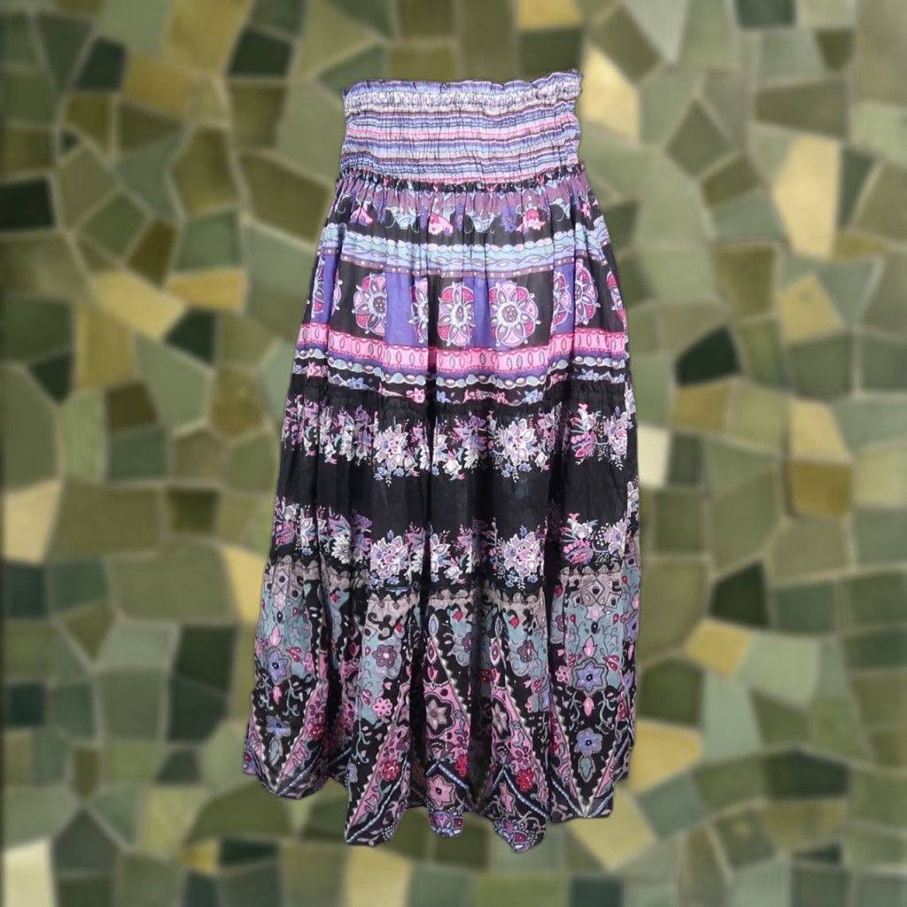 Vintage Chaudry KC Purple and Black Floral Cotton Midi Peasant Skirt S Size 28" / US 6 / IT 42 - 1 Thumbnail