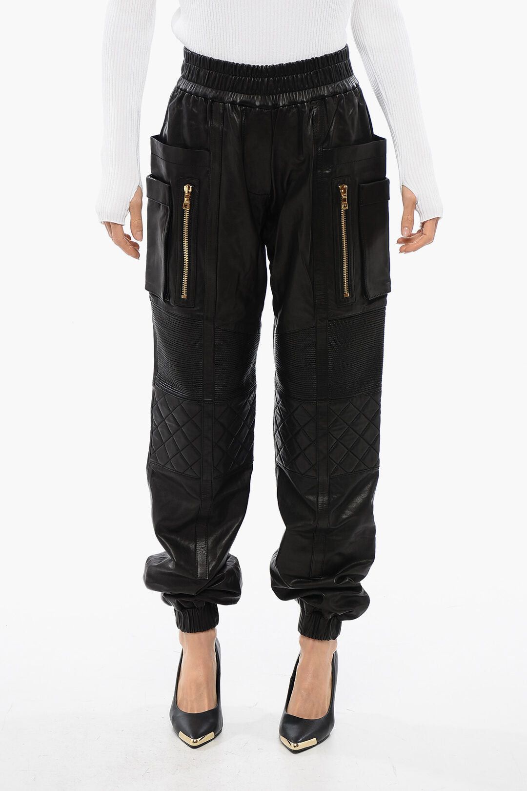 Leather Multi-Pocket Trousers With Quilted Detail