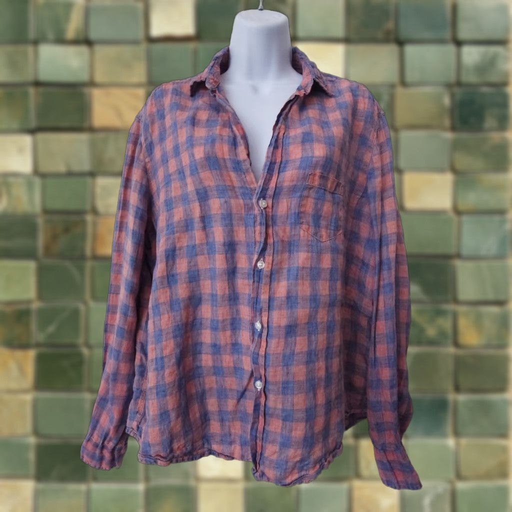Frank & Eileen Frank & Eileen Shirt Casual Womens Button-Up Linen Check Coastal Lux Large Multicolor Breathable Lightweight Relaxed 90s? Size L / US 10 / IT 46 - 1 Thumbnail