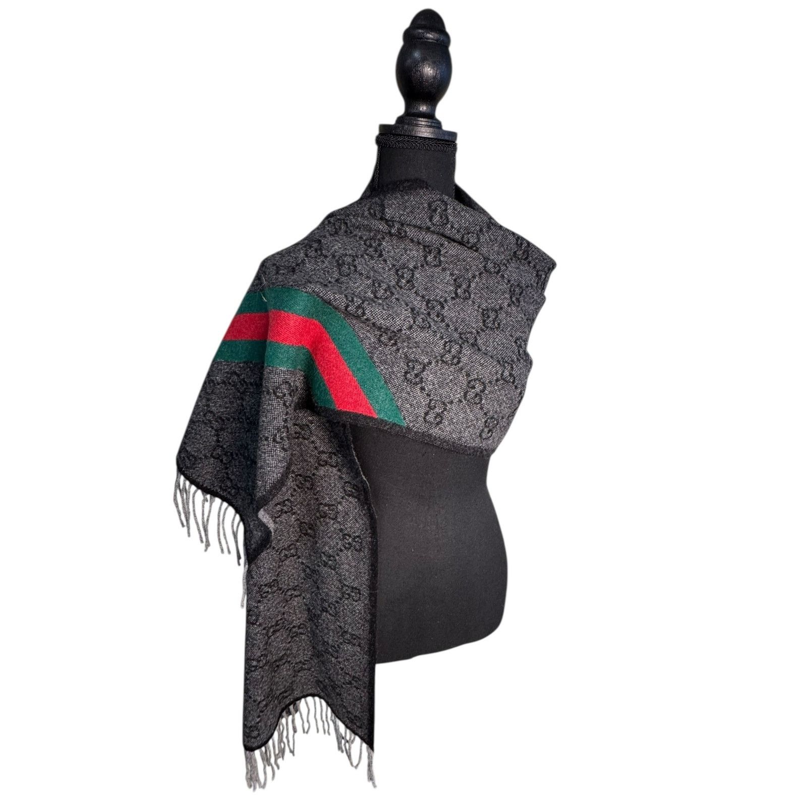 Gucci Gucci Nikky Wool GG Monogram Web Stripe Scarf in Grey Size ONE SIZE - 12 Thumbnail