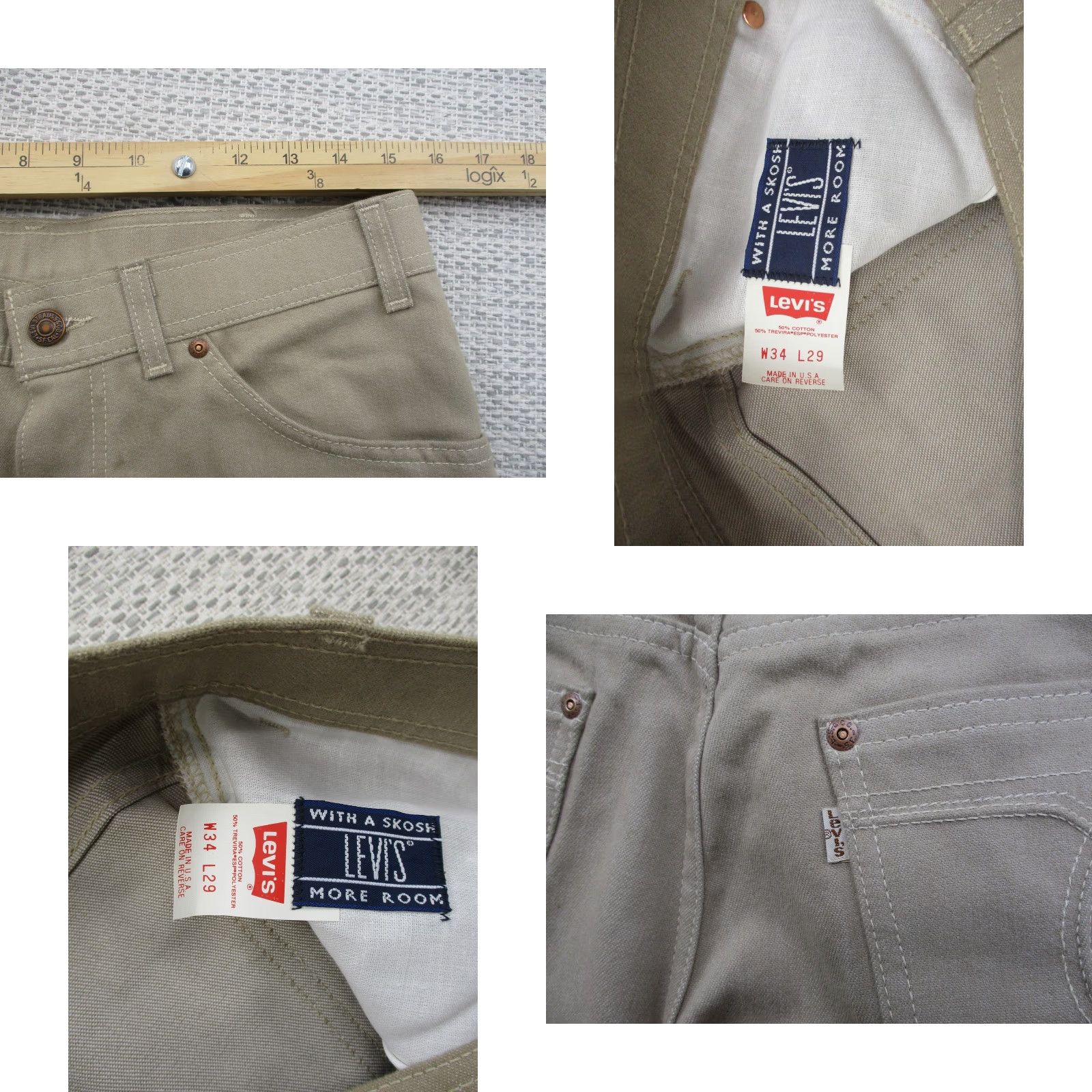 Levi's VINTAGE Levi's Pants Mens 34x29 Khaki More Room W34 L29 Made USA 90s Polyester Cotton Jeans Pants Size US 34 / EU 50 - 8 Thumbnail