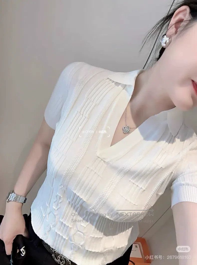 Hermes Hermes White collar knit short sleeve, mulberry silk and c Size M / US 6-8 / IT 42-44 - 6 Thumbnail
