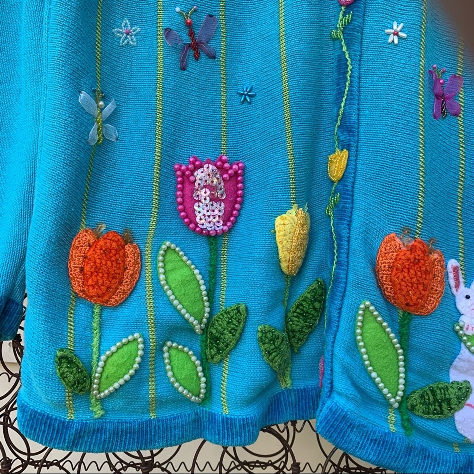 Vintage Quacker Factory blue cardigan spring flowers Size M / US 6-8 / IT 42-44 - 5 Thumbnail