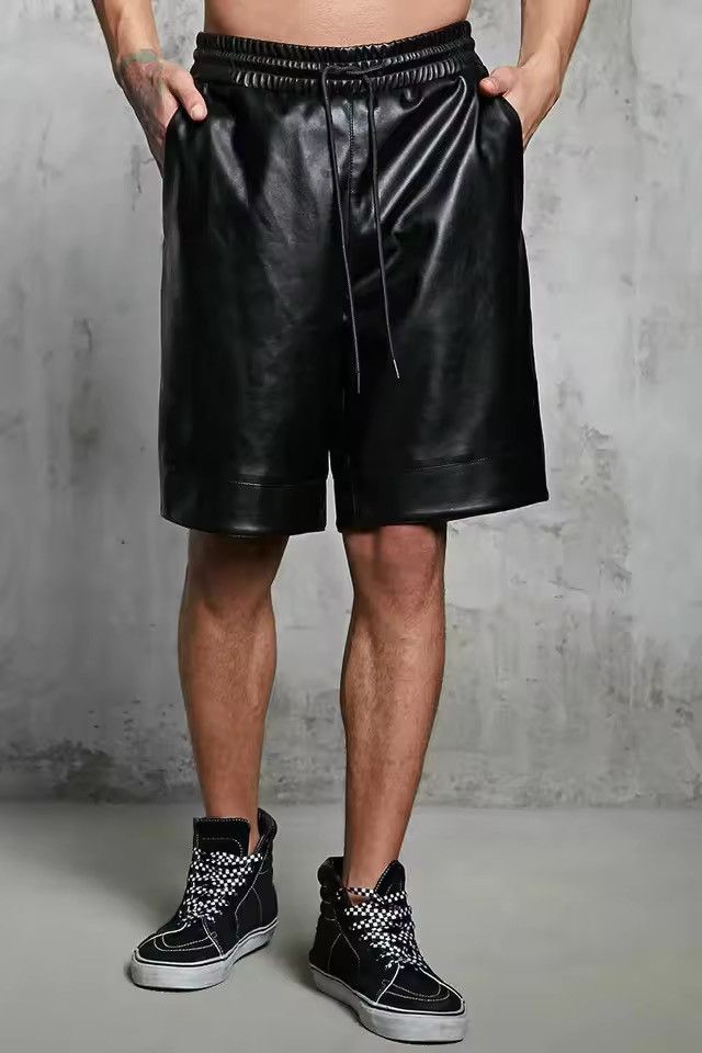 Avant-Garde Black PU Leather Drawstring Streetwear Shorts