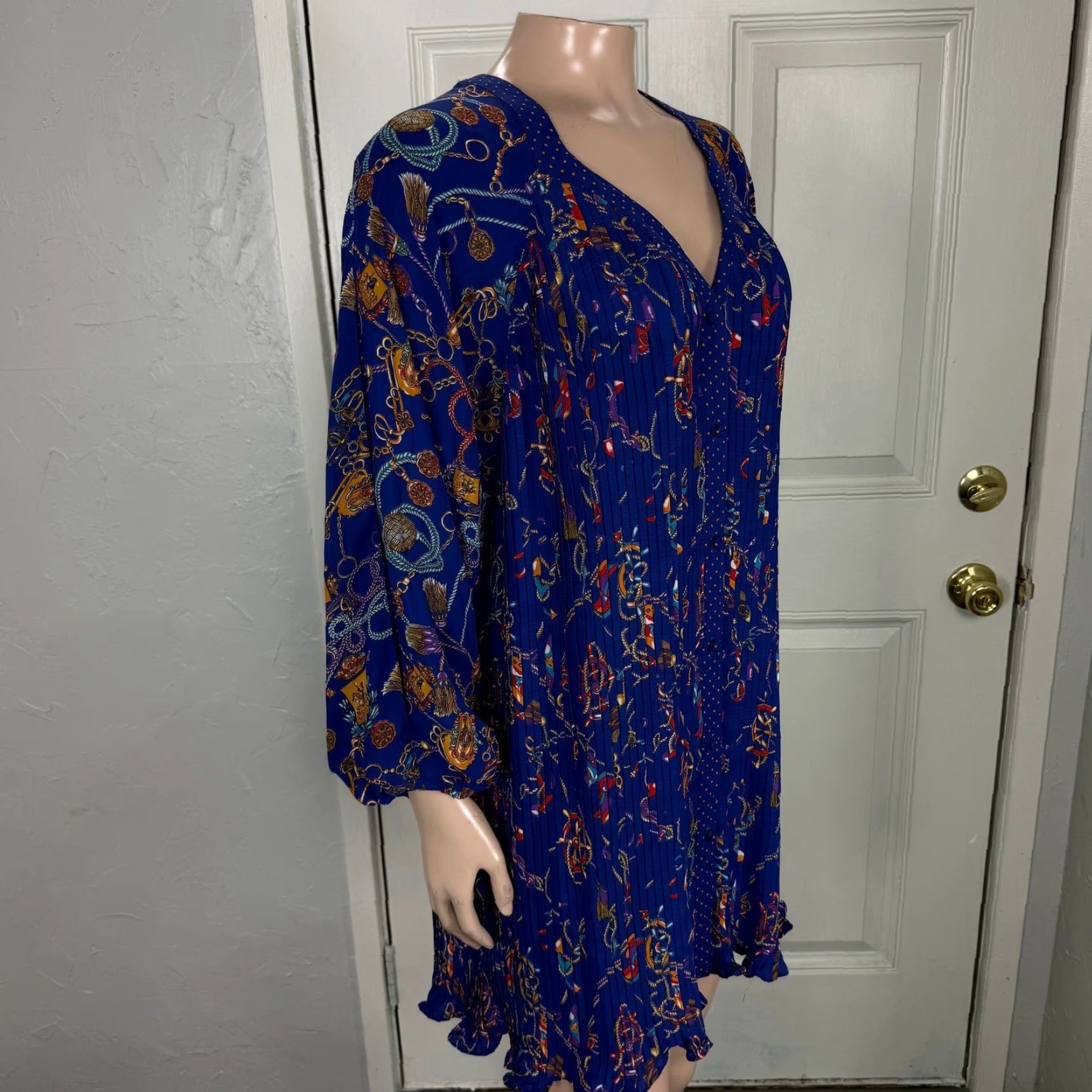 Vintage VINTAGE 90s Diane Fries Dress Shirt Dress Bohemian Blue Polyester Long Sleeve Casual Womens Size ONE SIZE - 7 Thumbnail