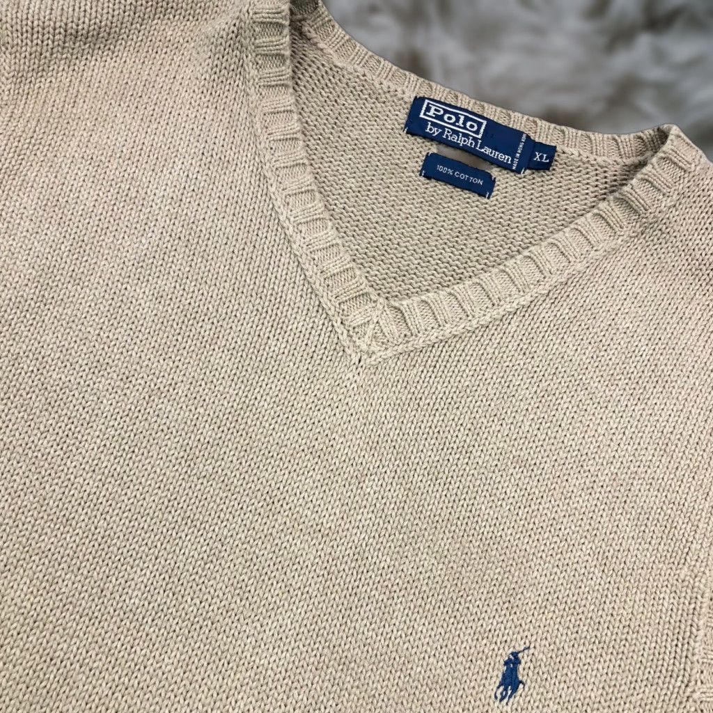 VINTAGE Polo Ralph Lauren Sweater Vest Men XL Knit V-Neck Tan