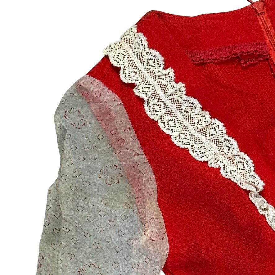 Vintage Vintage 70s Red Prairie Maxi Dress Lace Trim Sheer Sleeves M Size M / US 6-8 / IT 42-44 - 8 Thumbnail