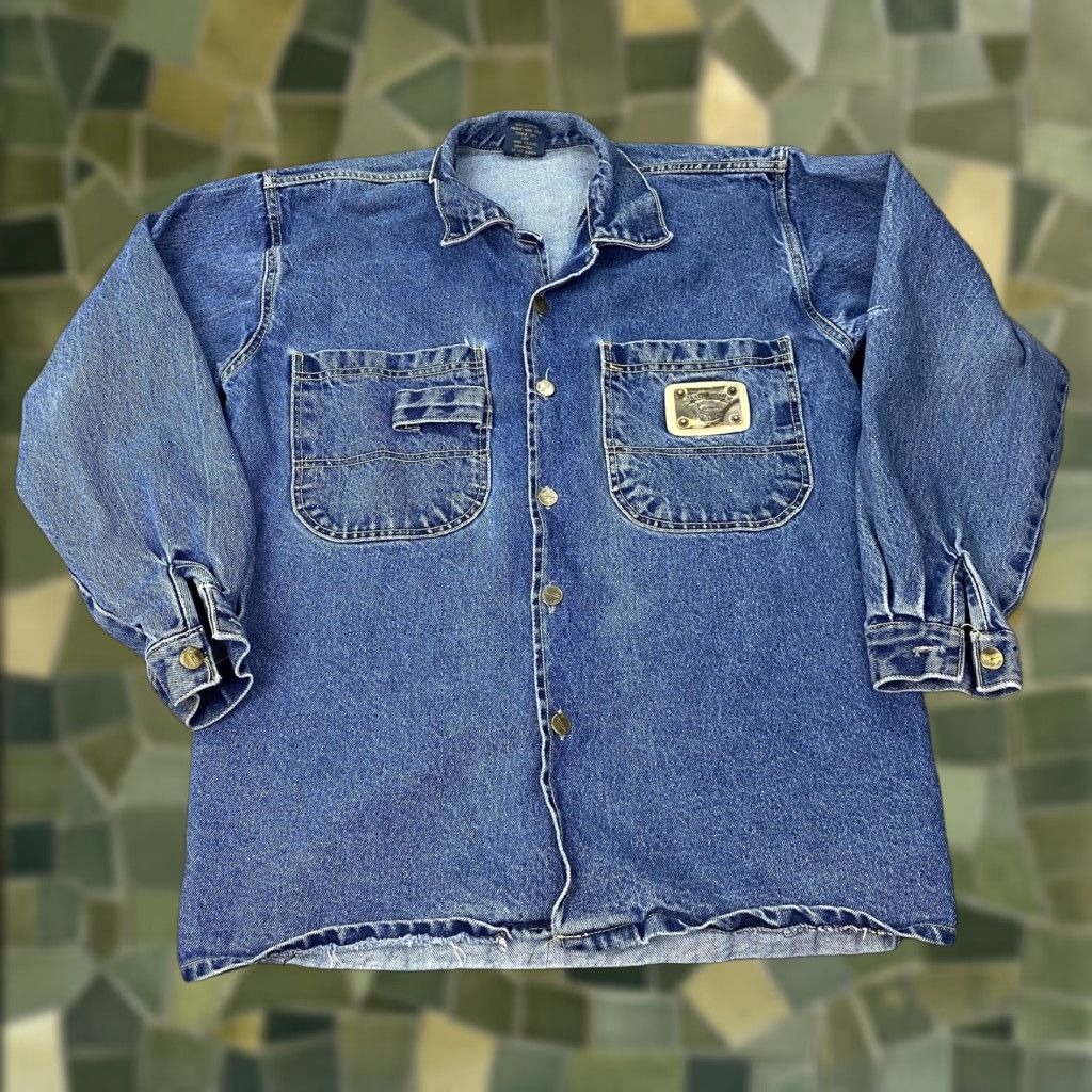 VINTAGE Karl Kani Jacket Mens L Denim Military Button 90s Hip Hop Streetwear Blue Mens