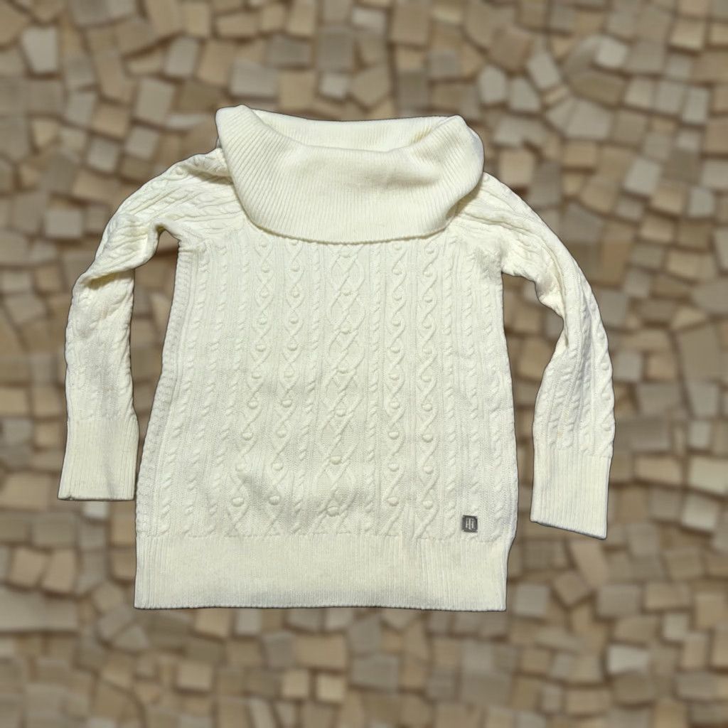 Tommy Hilfiger Tommy Hilfiger Sweater Women Large White Turtleneck Pullover Cable-Knit Regular Fit, Logo, Cotton Knit, Long Sleeve, Vintage: No Size L / US 10 / IT 46 - 1 Thumbnail