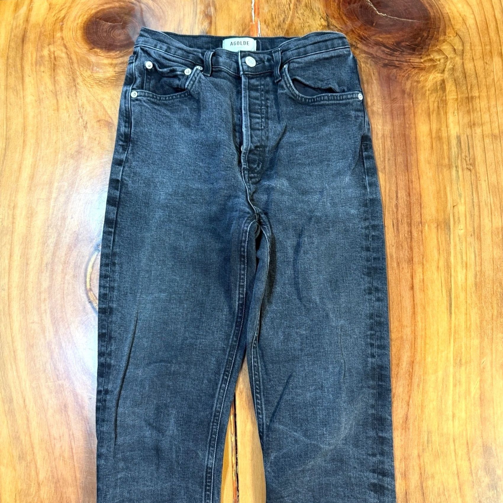 Agolde AGOLDE Jeans Riley 26 High Rise Straight Raw hem Denim Button Fly Black 90s Womens Jeans Size 26" / US 2 / IT 38 - 3 Thumbnail