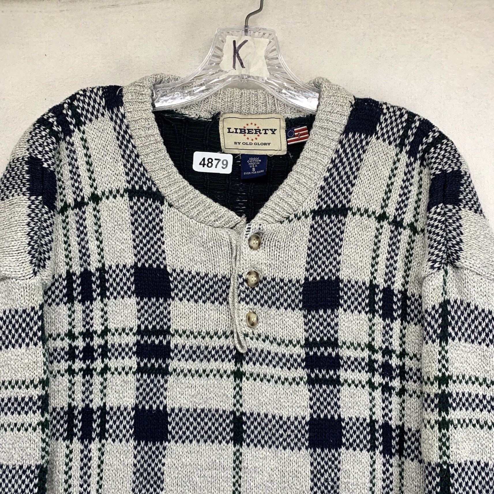 Vintage VINTAGE Liberty By Old Glory Men's Sweater 90s Henley V-Neck Boxy Fit Medium Plaid Gray Green Navy Heavyweight Size US M / EU 48-50 / 2 - 3 Thumbnail