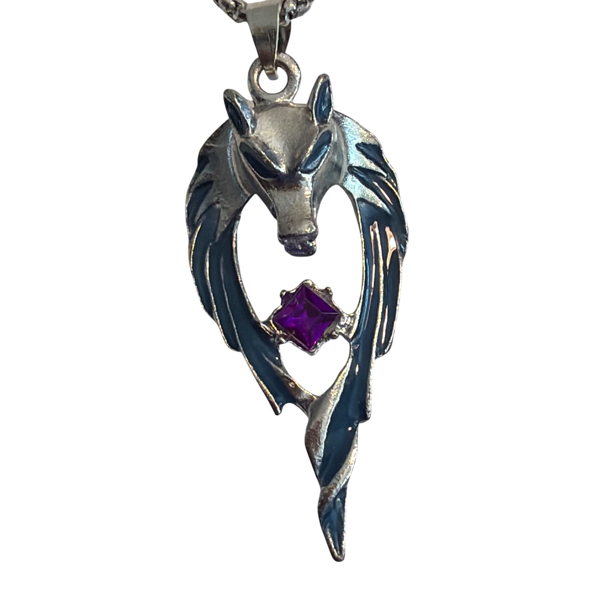 Other Wolf Head Pendant Necklace Silver Tone Purple Rhinestone Blu Size ONE SIZE - 3 Thumbnail