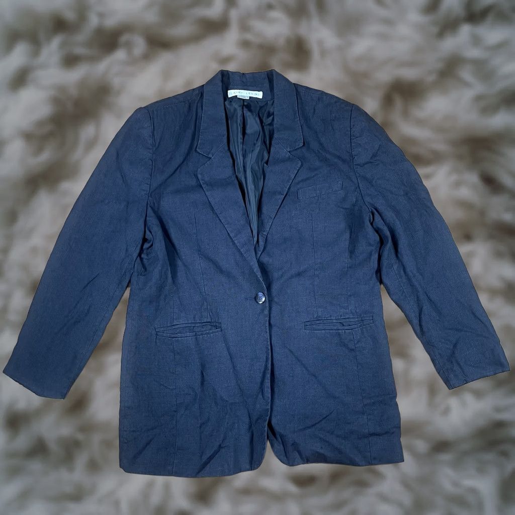 Vintage LARRY LEVINE Blazer Womens 14 100% Linen Blue Sport Coat Jacket Lined Business Jacket Blazer Pants Shirt (adjusted for clarity) Size XL / US 12-14 / IT 48-50 - 1 Thumbnail