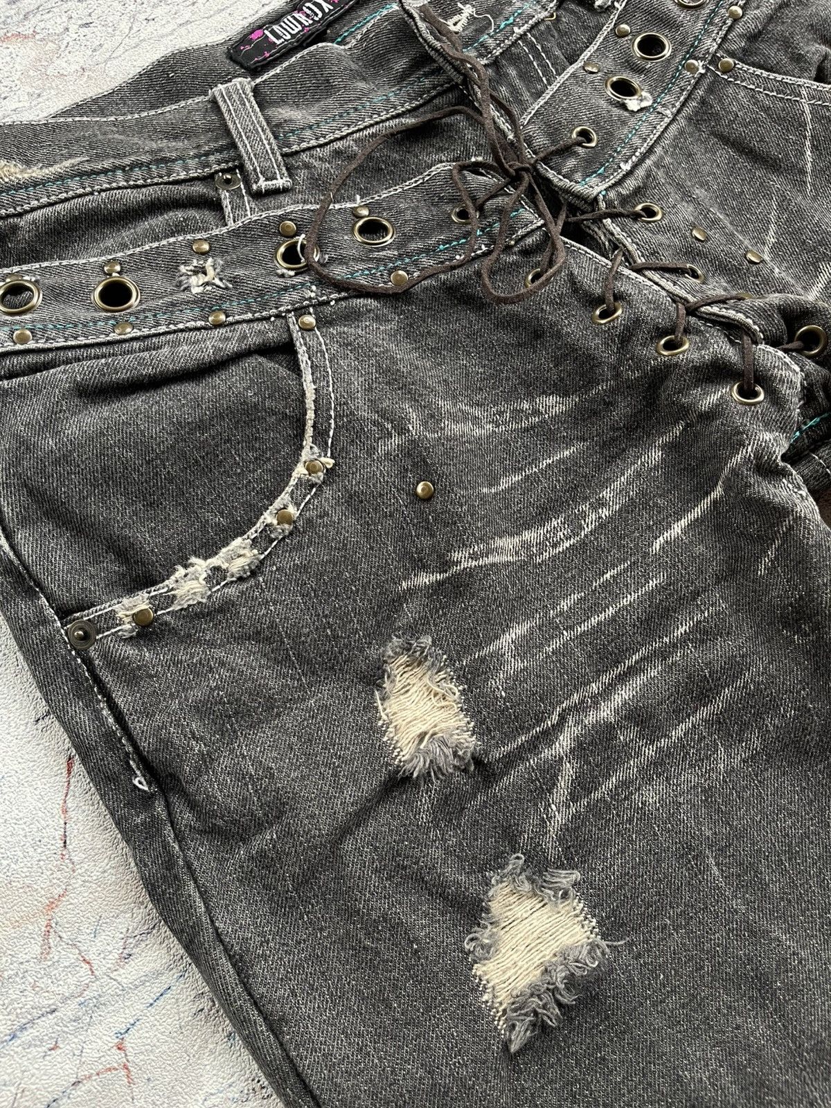 Tornado Mart Distressed Lowbox Double Waist Lace Up Flared Jeans Size US 30 / EU 46 - 7 Thumbnail