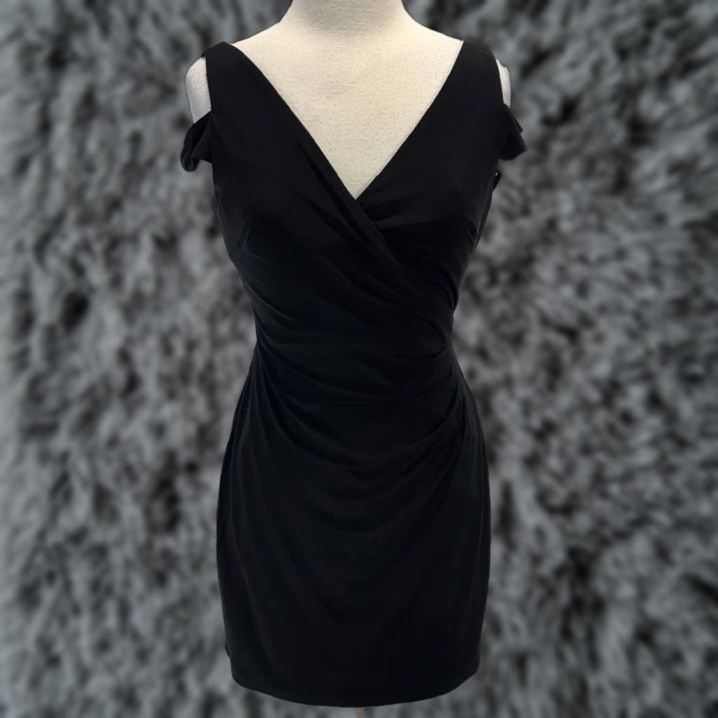 Lauren Ralph Lauren Faux Wrap Dress Sz 8p Petite Black Ruched Side Open  Shoulder